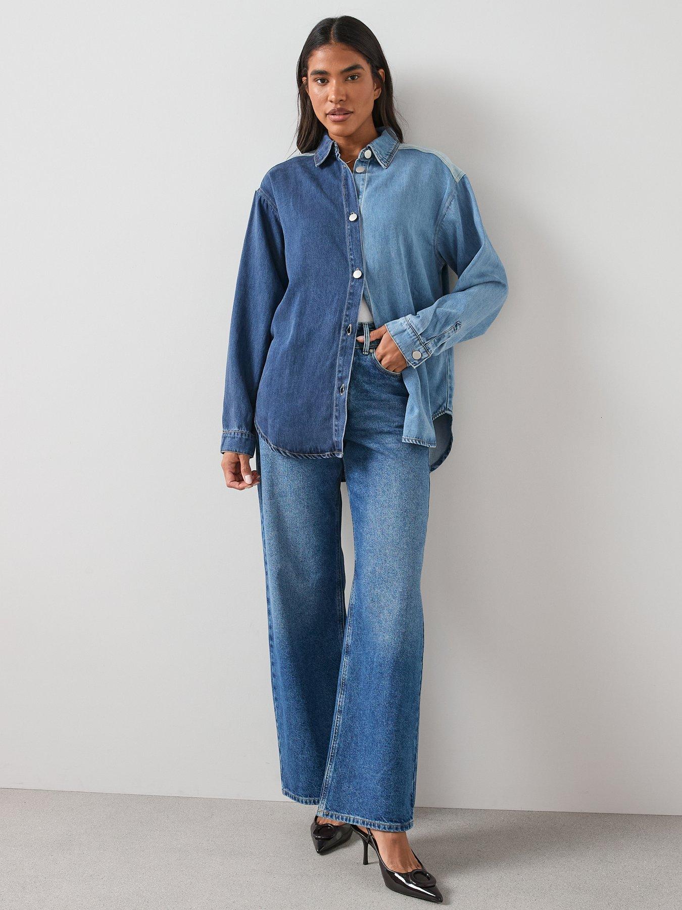  image of the-very-collection-contrast-wash-oversized-denim-shirt-mid-wash