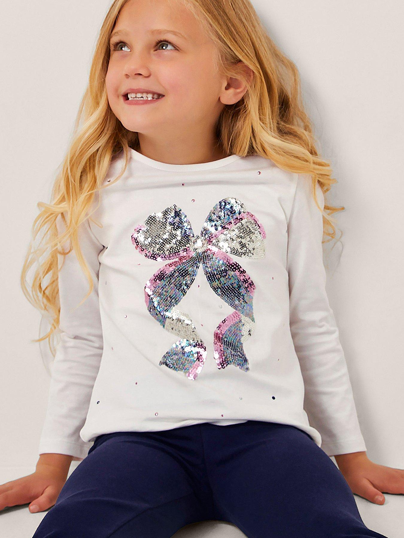Image 1 of 4 of Monsoon Girls Bow Embroidered Long Sleeve T-Shirt - Light Cream