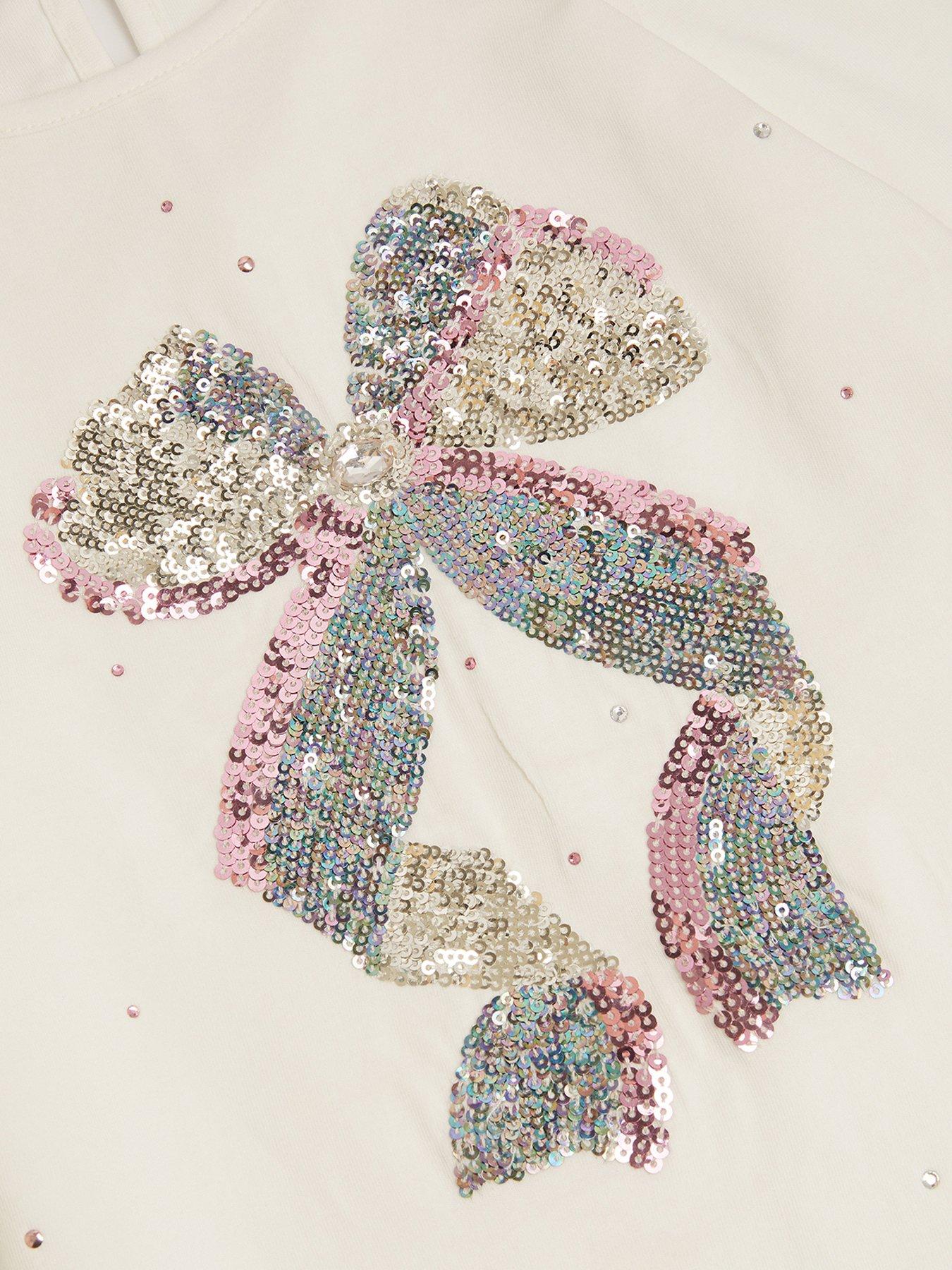 Image 4 of 4 of Monsoon Girls Bow Embroidered Long Sleeve T-Shirt - Light Cream