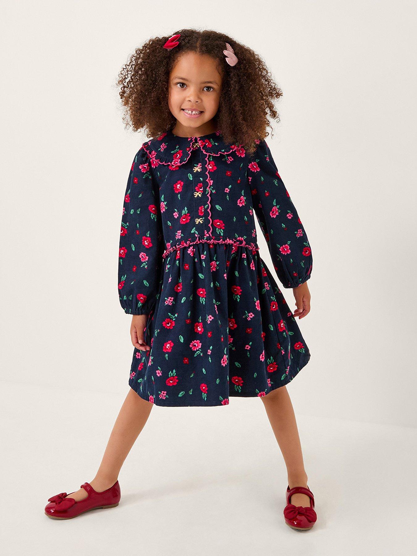 Image 1 of 4 of Monsoon Girls Cord Floral Print Dress - Navy