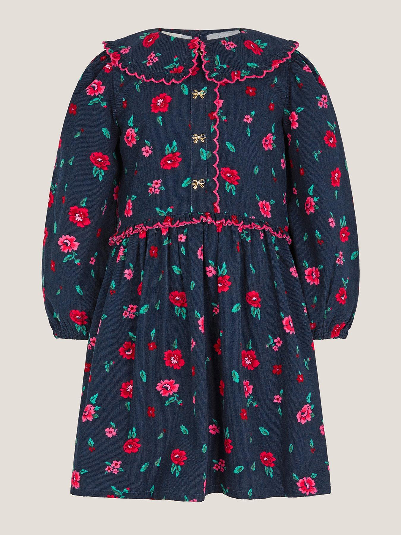 Image 2 of 4 of Monsoon Girls Cord Floral Print Dress - Navy