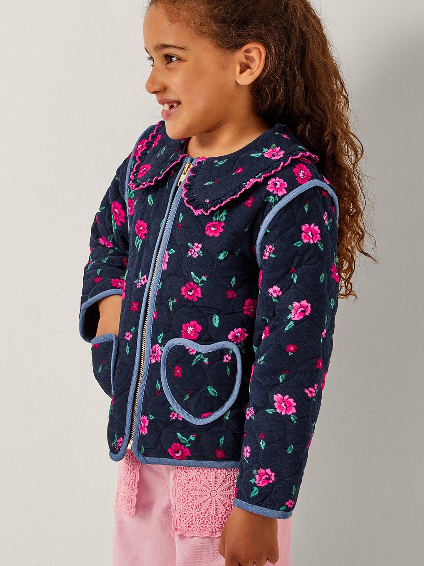 undefined Girls Cord Floral Print Bomber Jacket - Navy