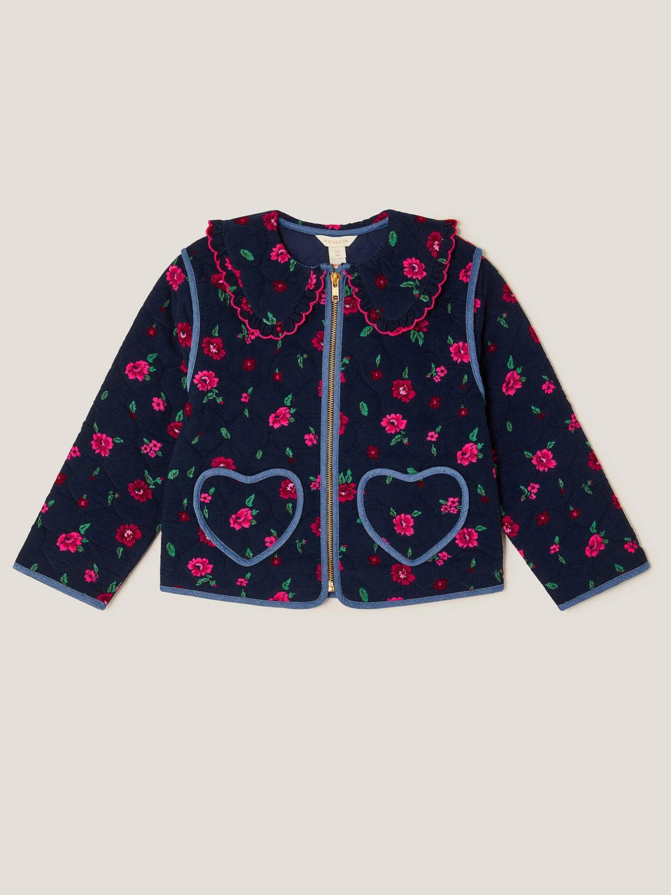 Image 2 of 4 of Monsoon Girls Cord Floral Print Bomber Jacket - Navy
