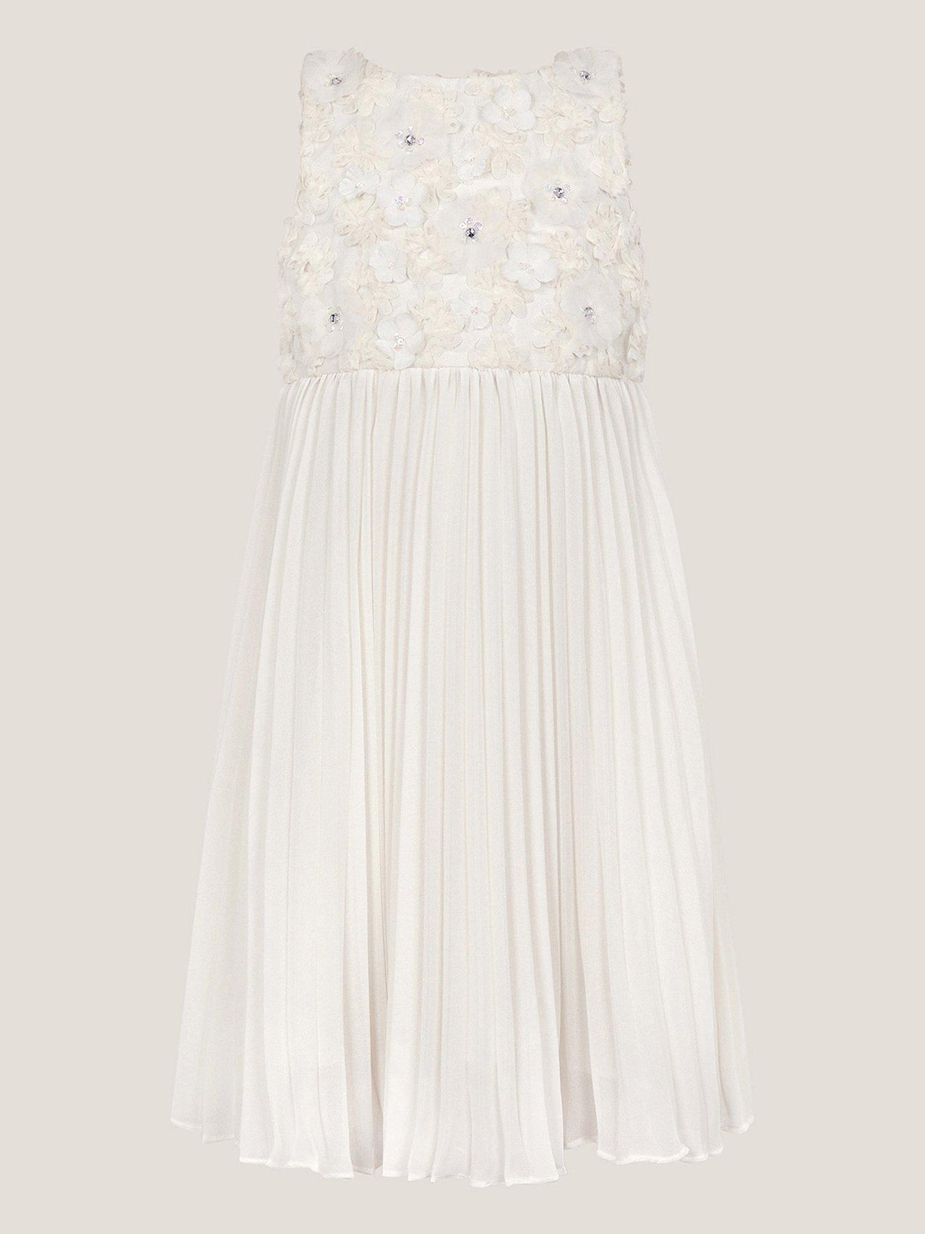 undefined Girls Delores 3d Bodice Pleated Satin Dress - Light Cream