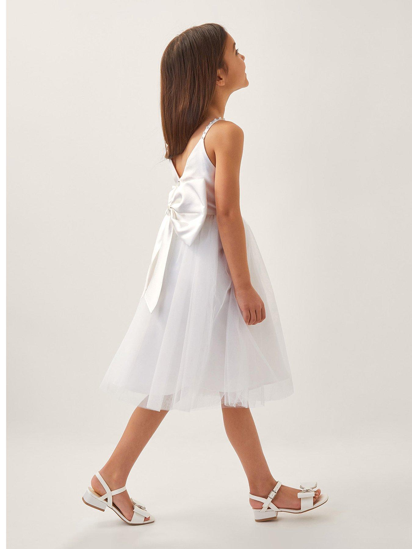 undefined Girls Pearl Embellished Bow Dress - Light Cream