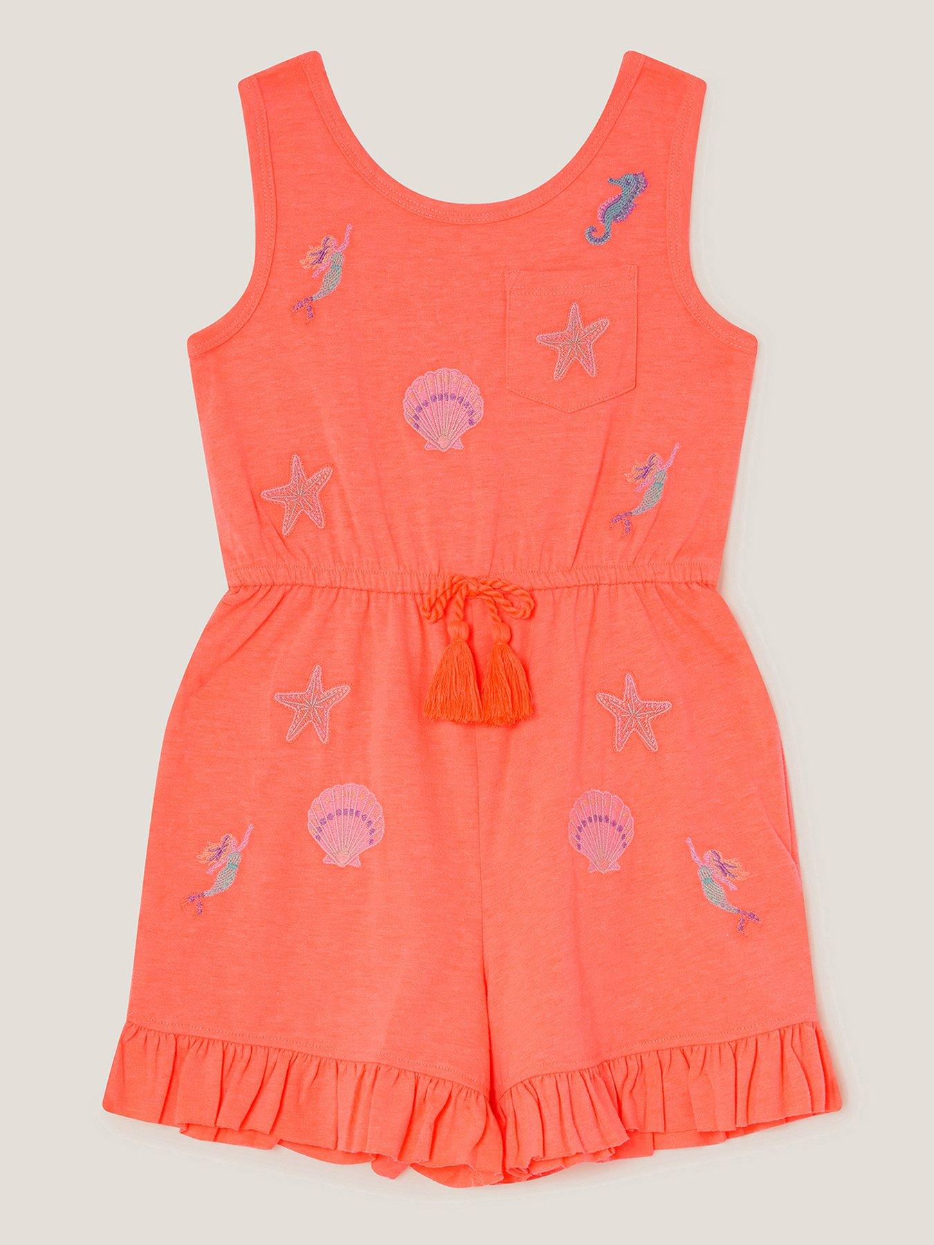 undefined Girls Sealife Embroidered Jersey Playsuit - Orange