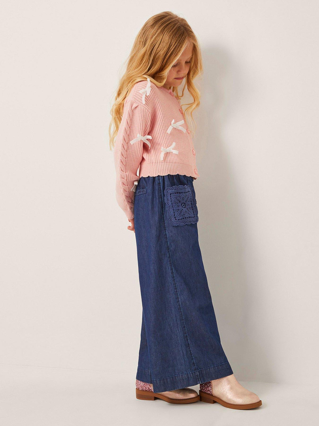 Image 1 of 4 of Monsoon Girls Dark Chambray Crochet Trousers - Blue