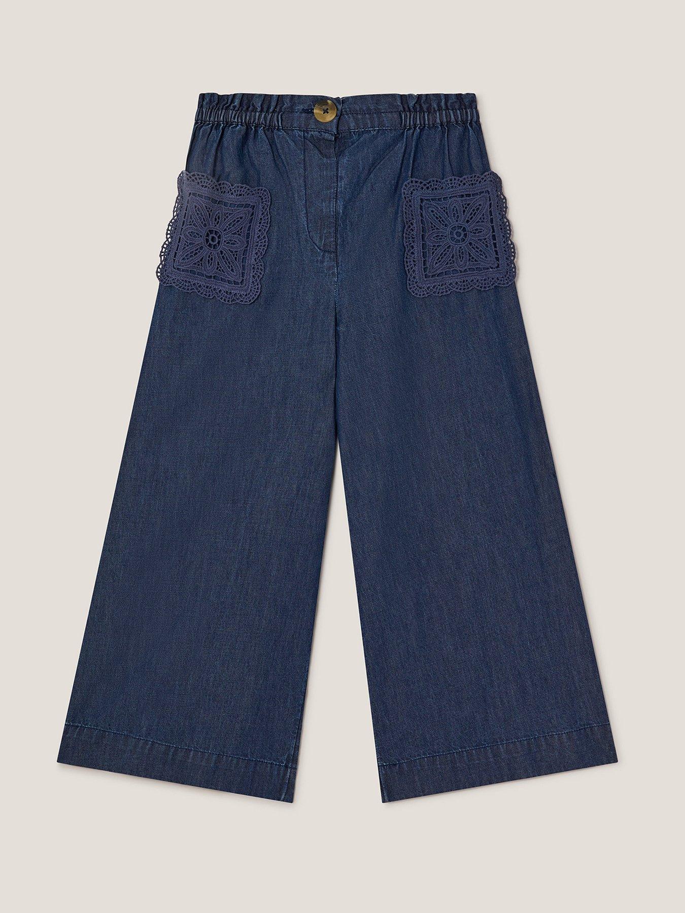 Image 3 of 4 of Monsoon Girls Dark Chambray Crochet Trousers - Blue
