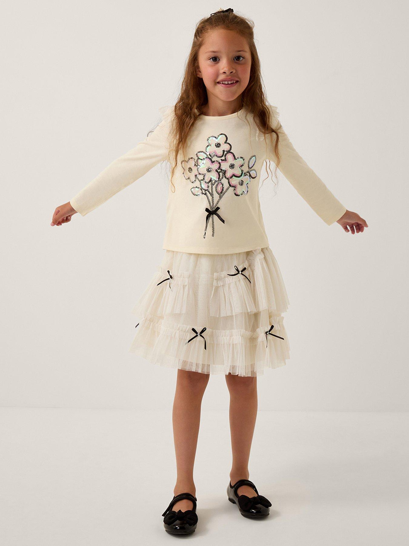 undefined Girls Mono Bow Mesh Skirt Set - Light Cream
