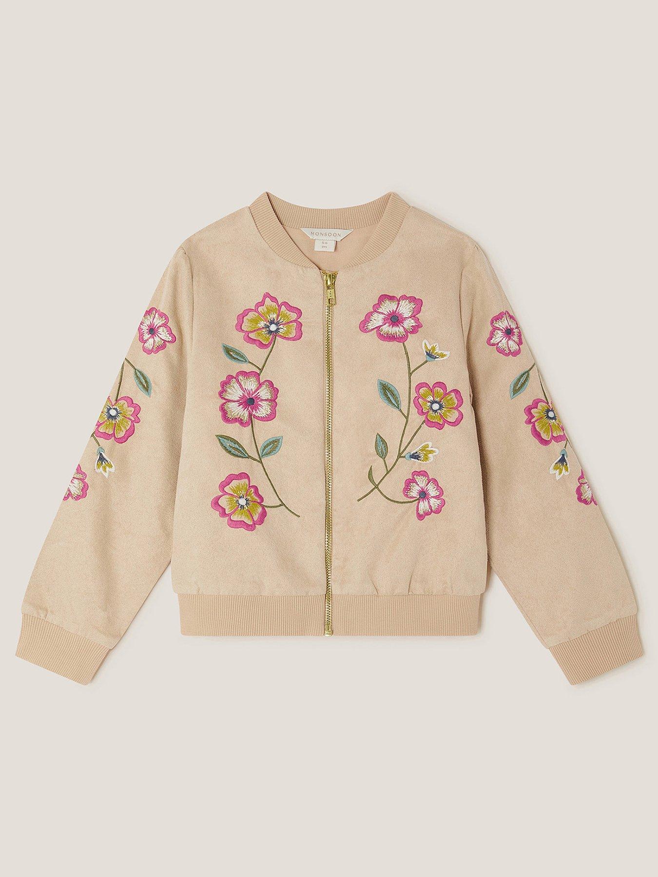 undefined Girls Suedette Floral Bomber Jacket - Beige