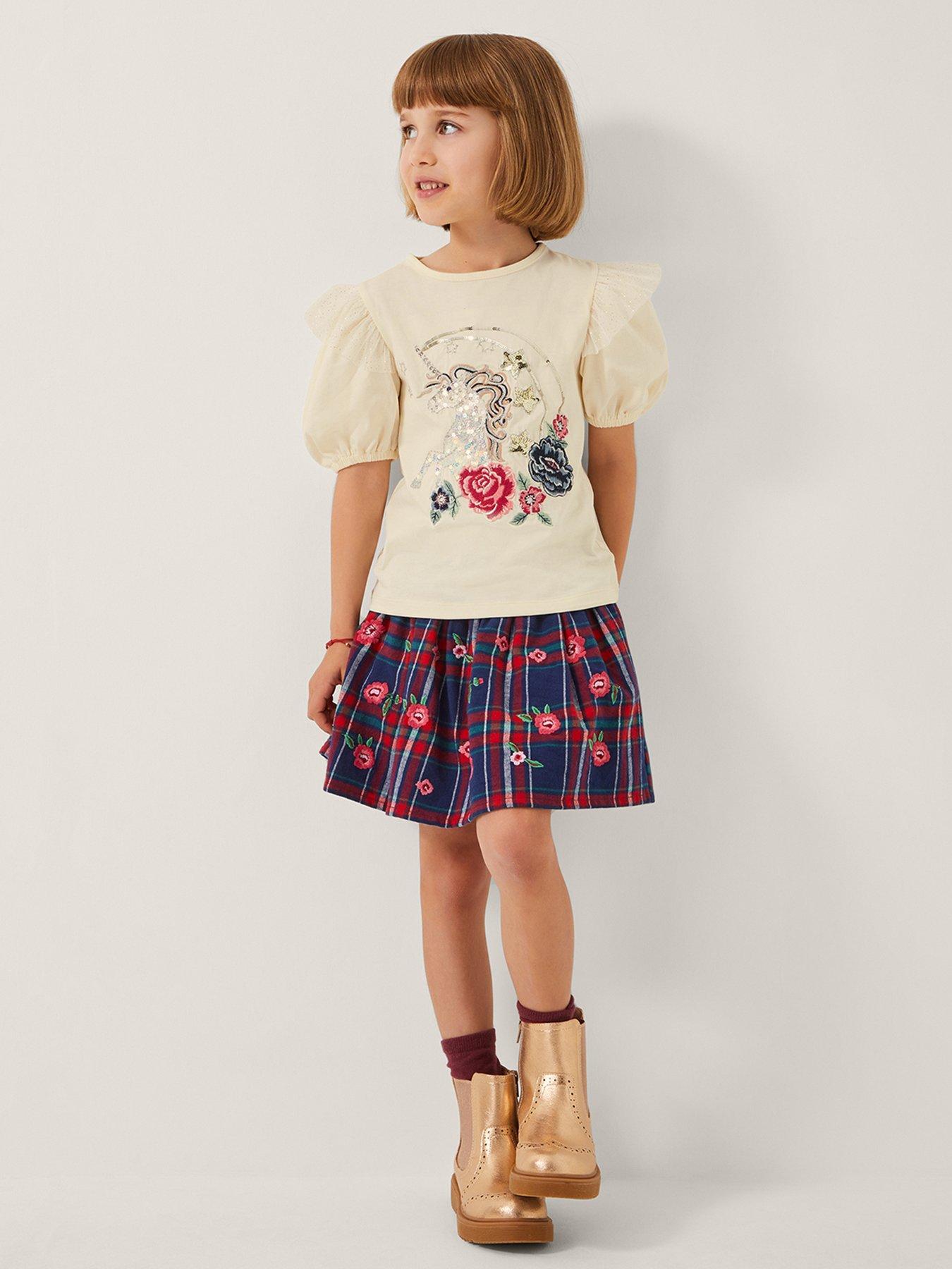 undefined Girls Check Embroidered Floral Skirt - Red