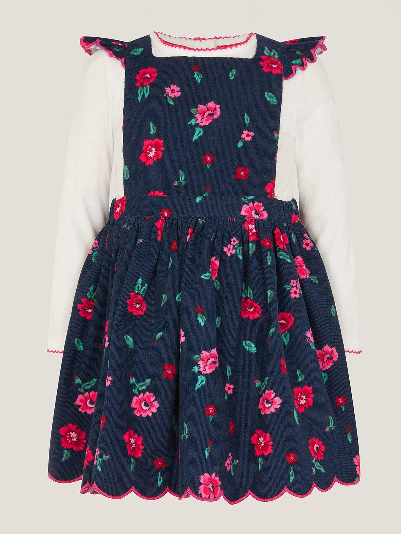 undefined Baby Girls Floral Cord Pinny & Tshirt - Navy