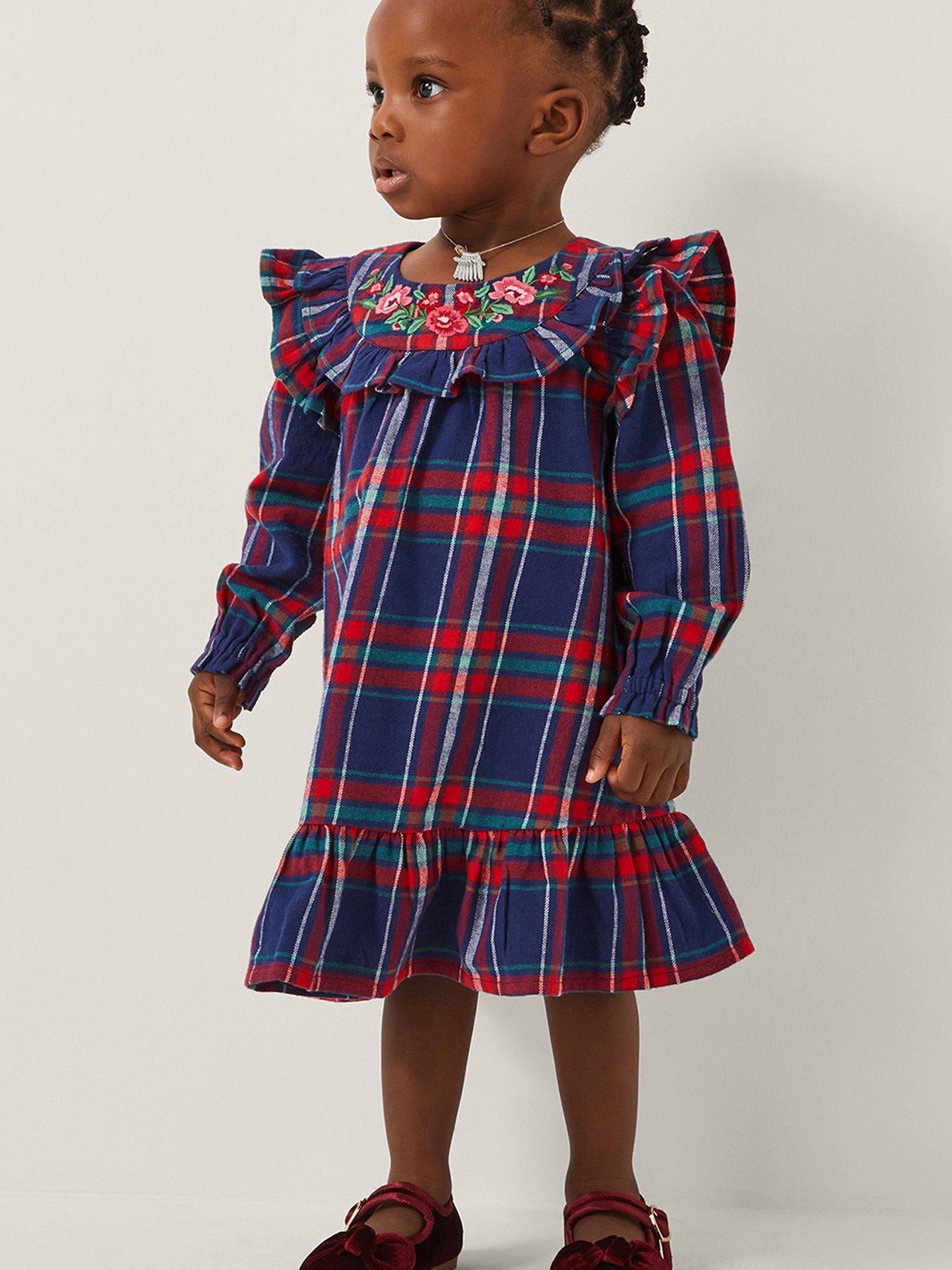 Image 1 of 4 of Monsoon Baby Girls Tartan Embroidered Dress - Navy