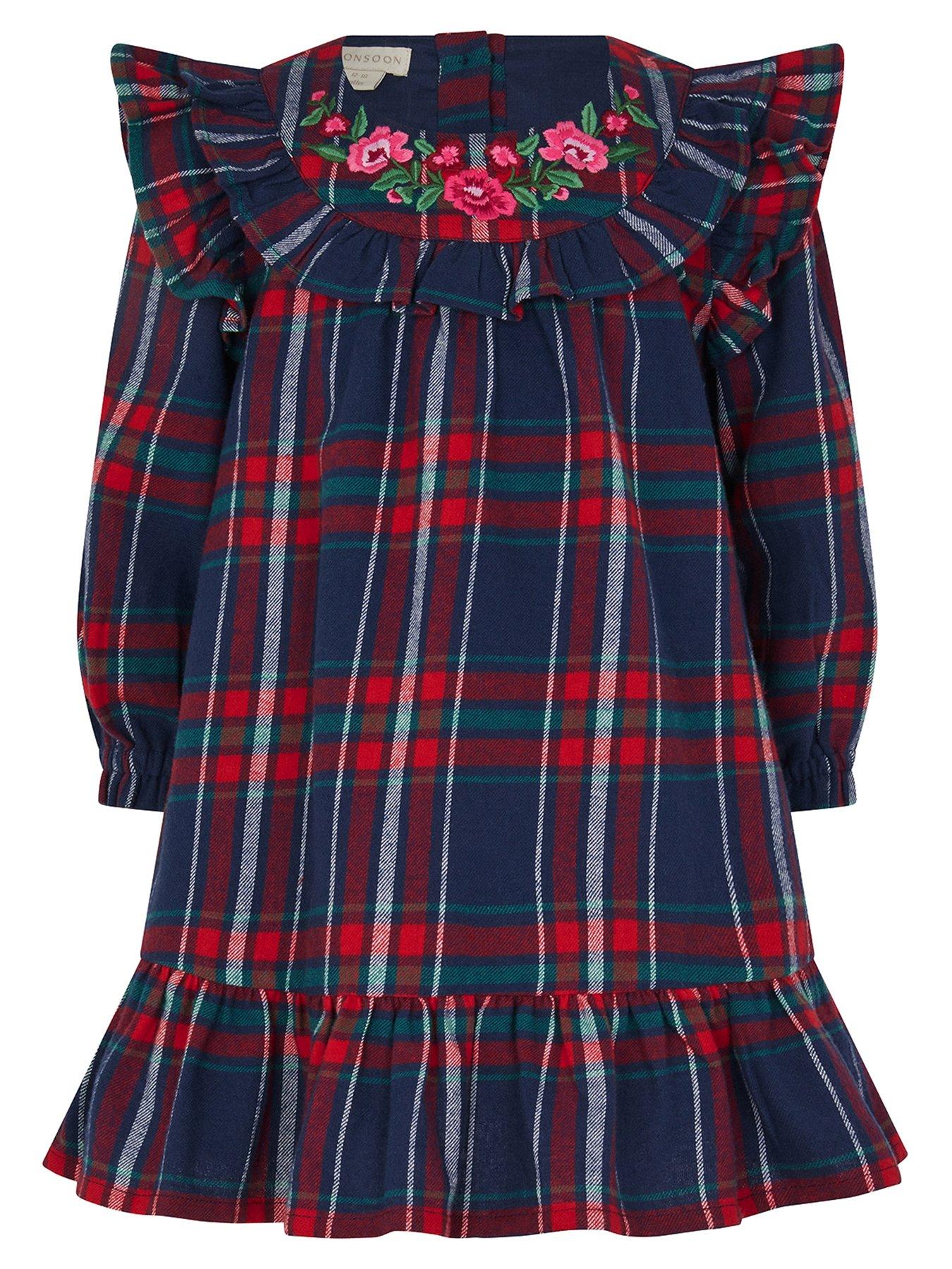 Image 2 of 4 of Monsoon Baby Girls Tartan Embroidered Dress - Navy