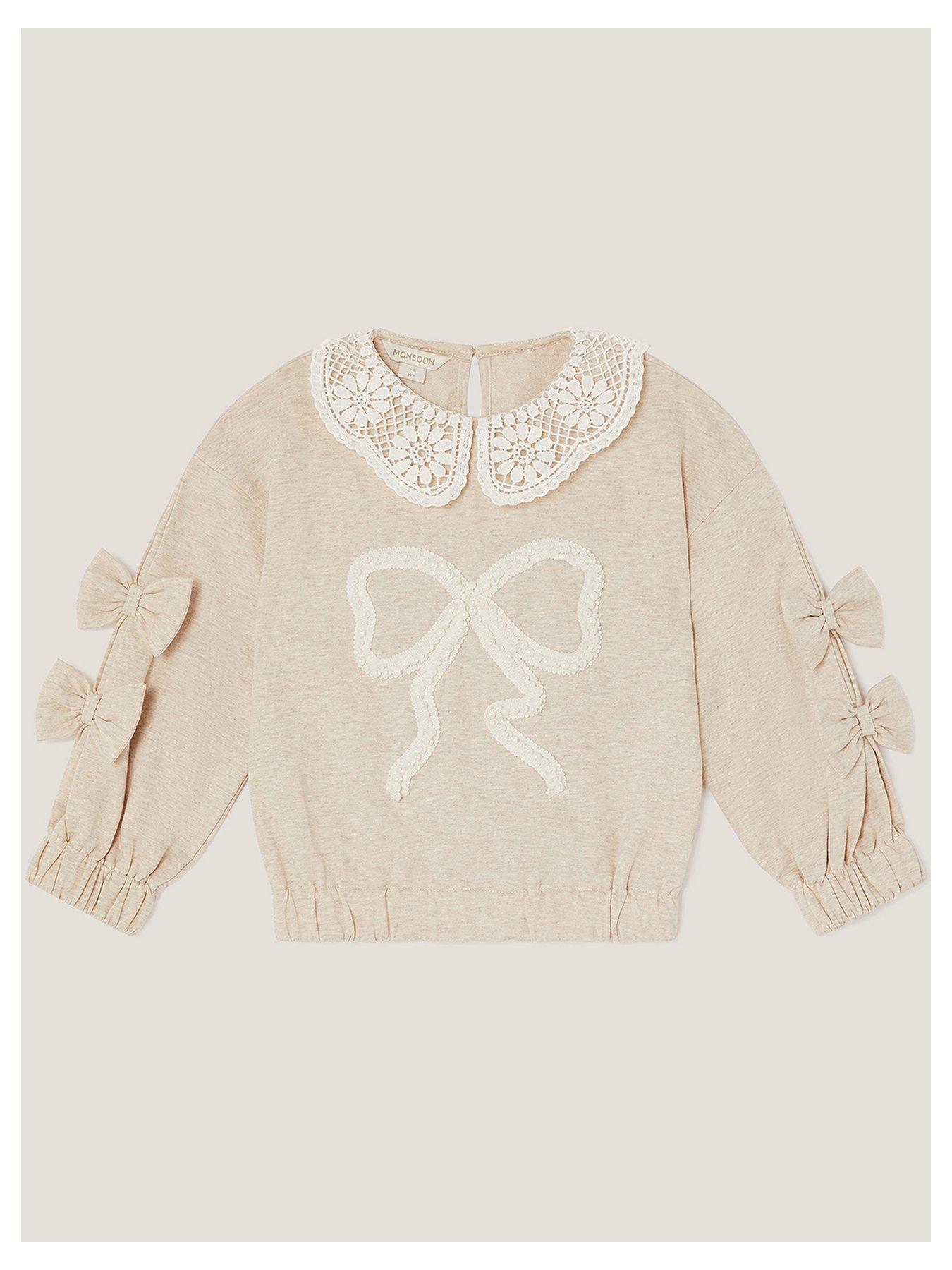 undefined Girls Lace Bow Pearl Collar Sweatshirt - Light Cream