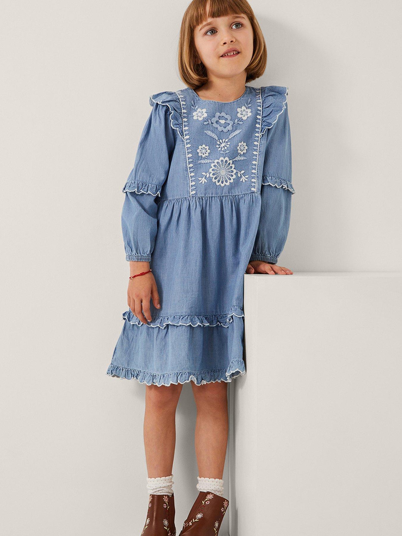 undefined Girls Chambray Embroidered Yoke Dress - Blue