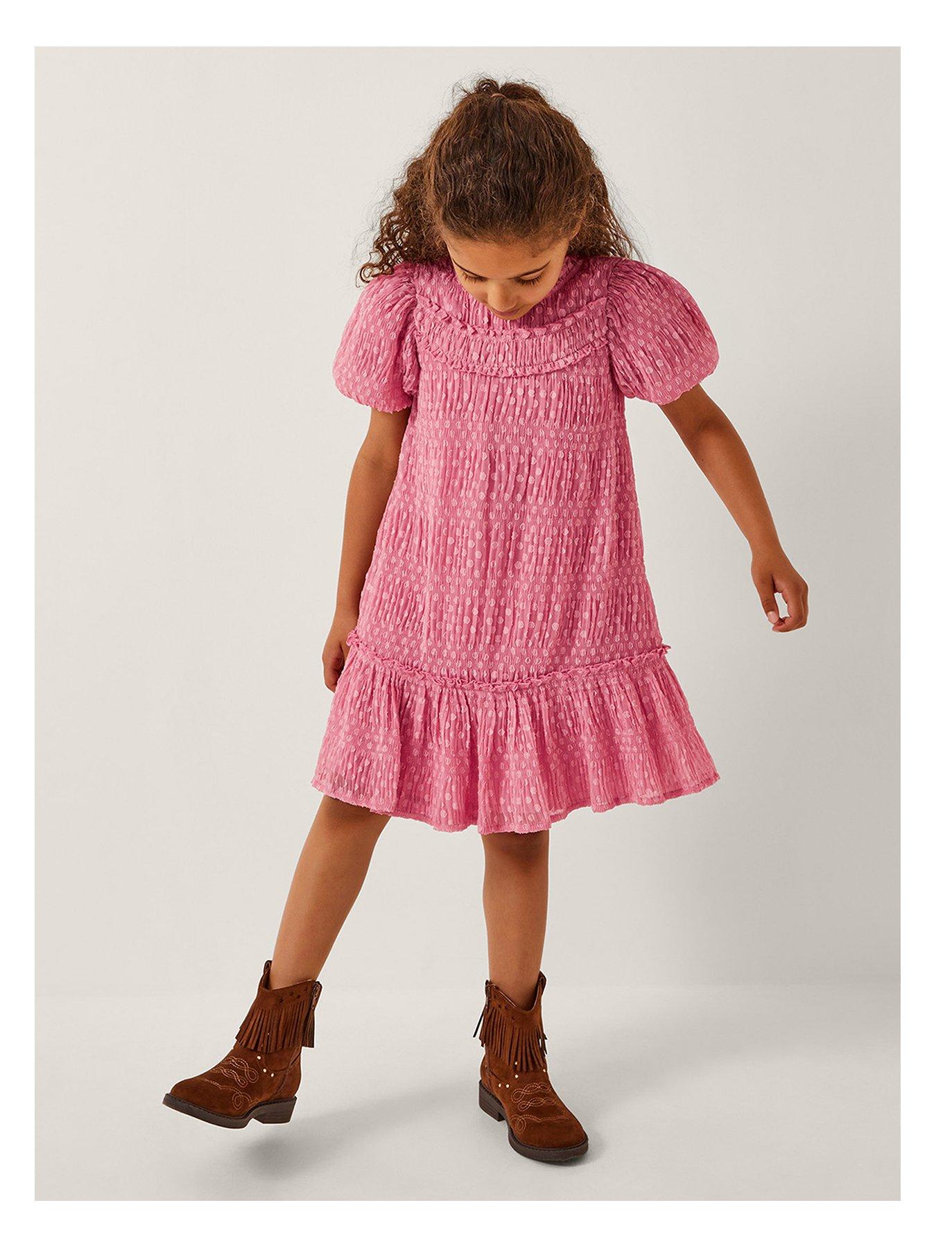 Image 1 of 4 of Monsoon Girls Dobby Textured Dress - Pink