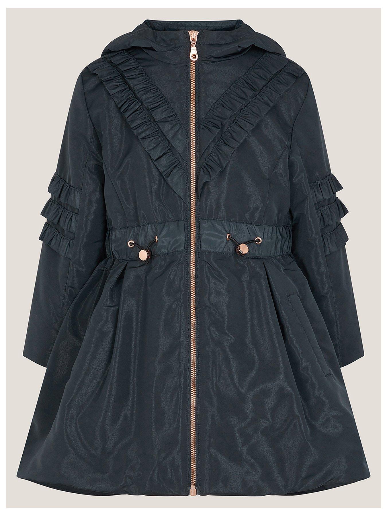 undefined Girls Lightweight Ruffle Trim Raincoat - Navy