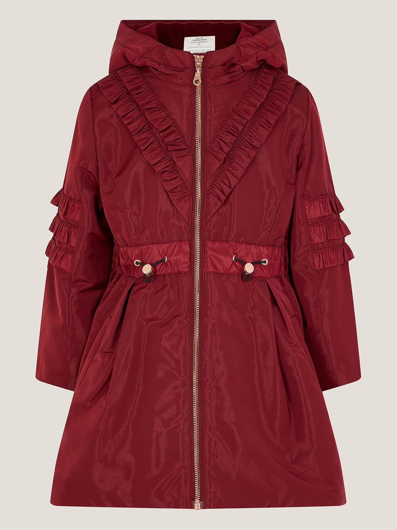 undefined Girls Lightweight Ruffle Trim Raincoat - Dark Red