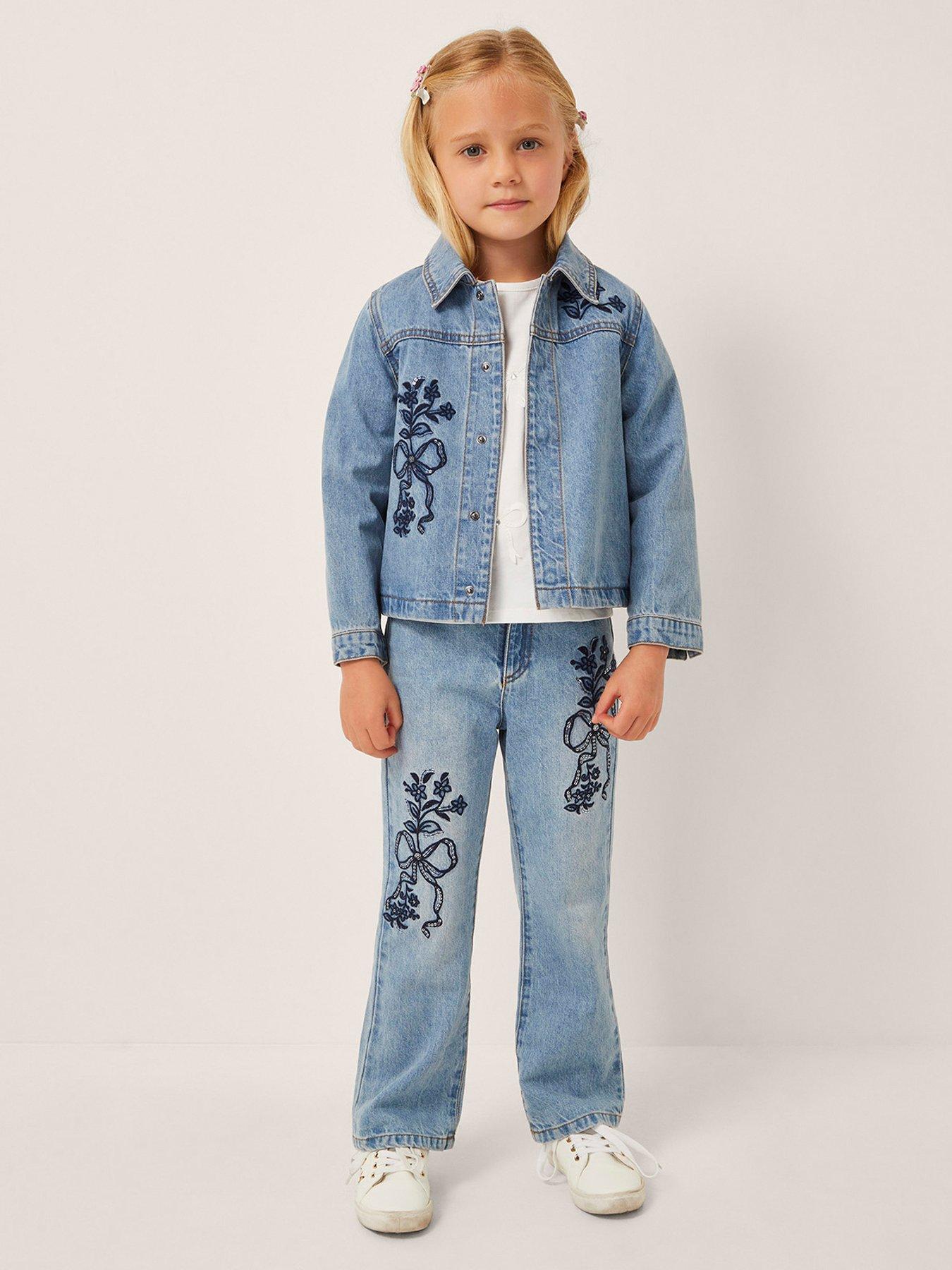 undefined Girls Bow Denim Bomber Jacket - Blue