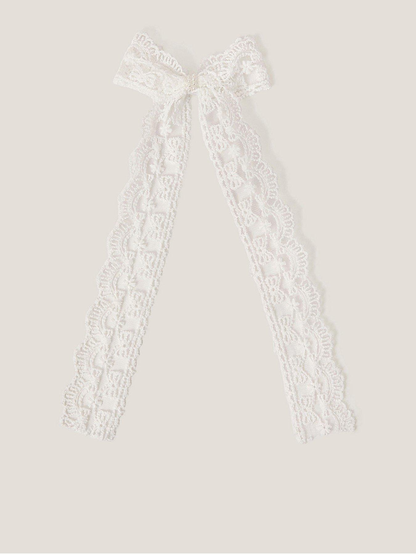undefined Girls Lacey Long Tie Bow Hair Clip - Light Cream