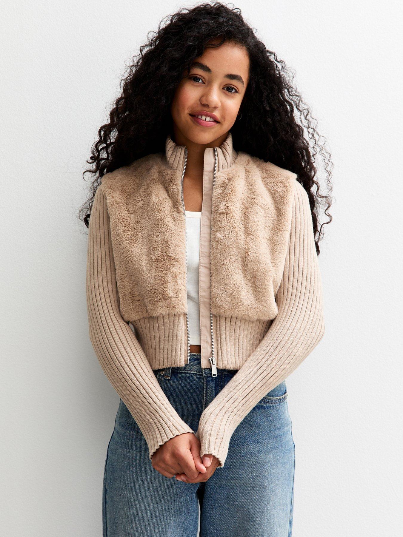  image of new-look-915-girls-faux-fur-ribbed-jacket-beige