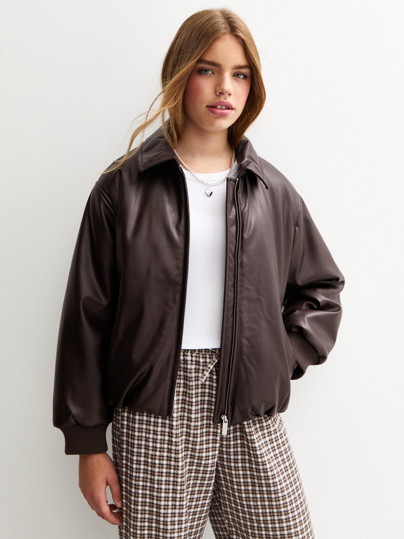 undefined Girls Bubble Hem Faux Leather Jacket - Dark Brown