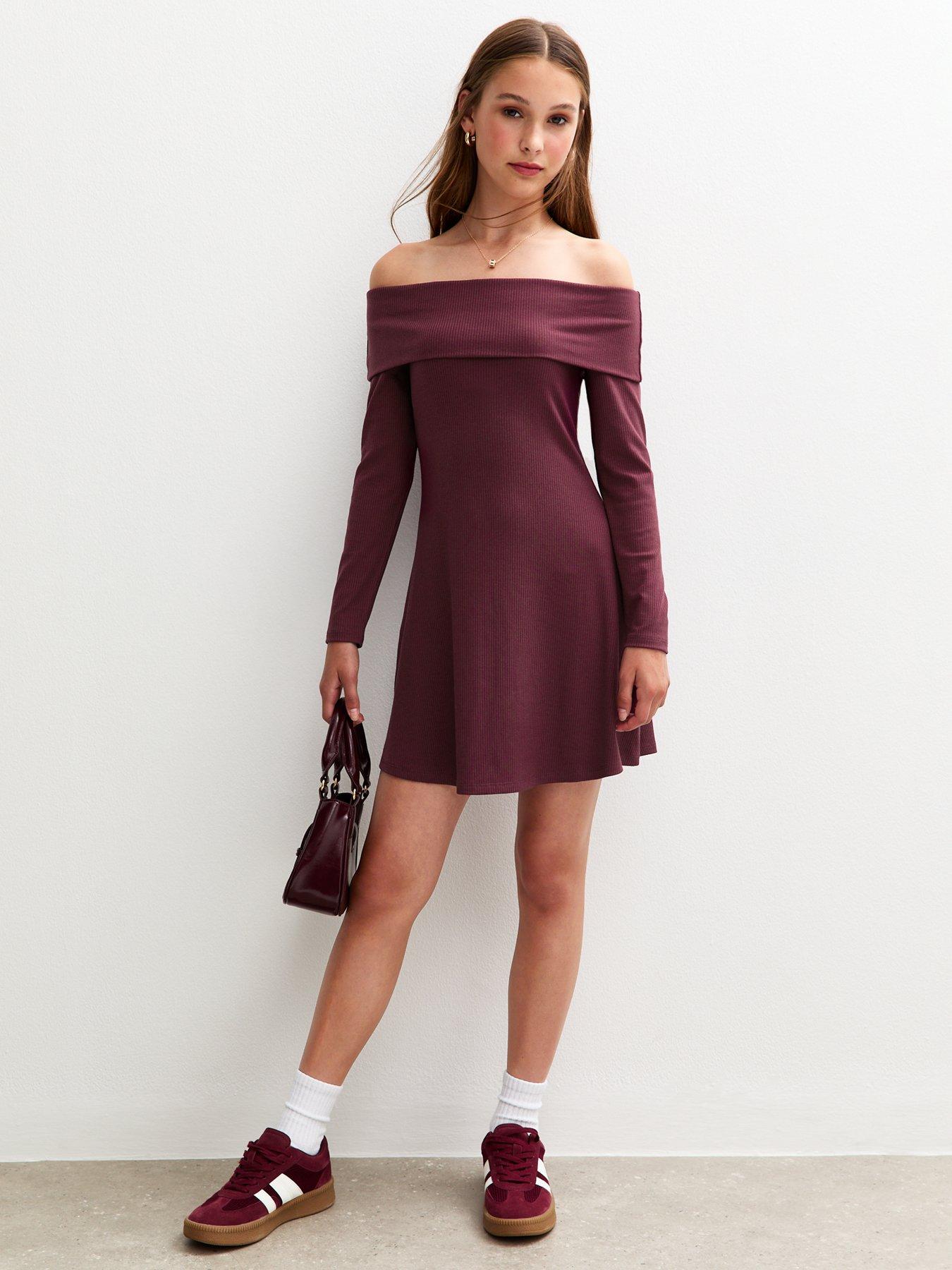 undefined Girls Light Burgundy Bardot Ribbed Long Sleeve Dress - Dark Red