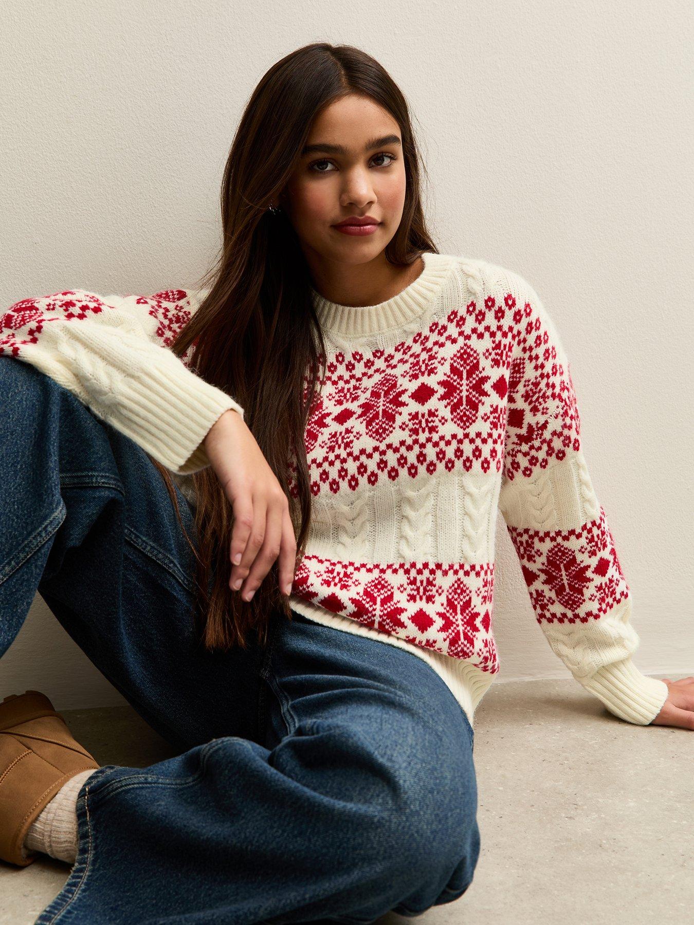  image of new-look-915-girls-cable-knit-fair-isle-pattern-christmas-jumper-off-white