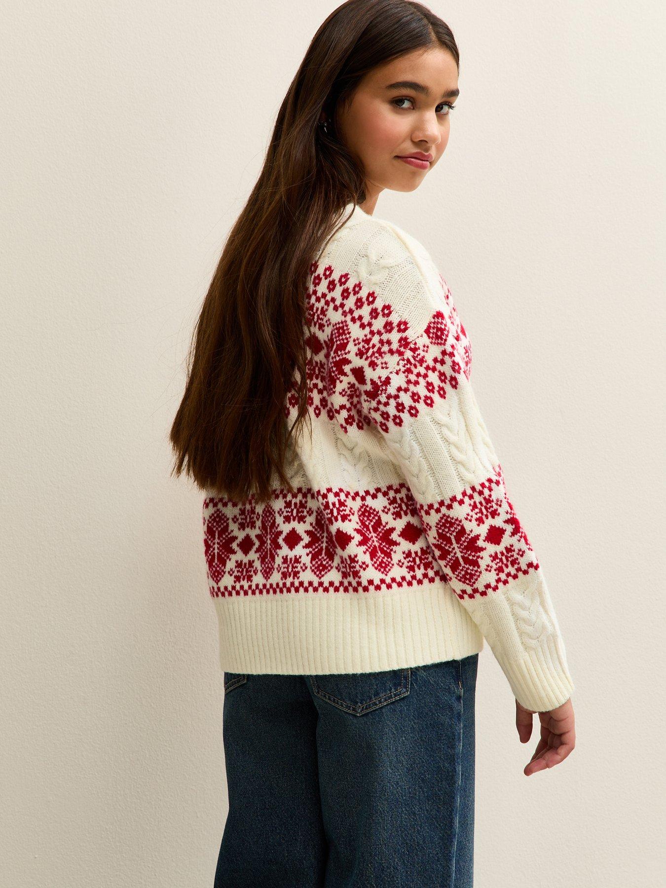 stillFront image of new-look-915-girls-cable-knit-fair-isle-pattern-christmas-jumper-off-white