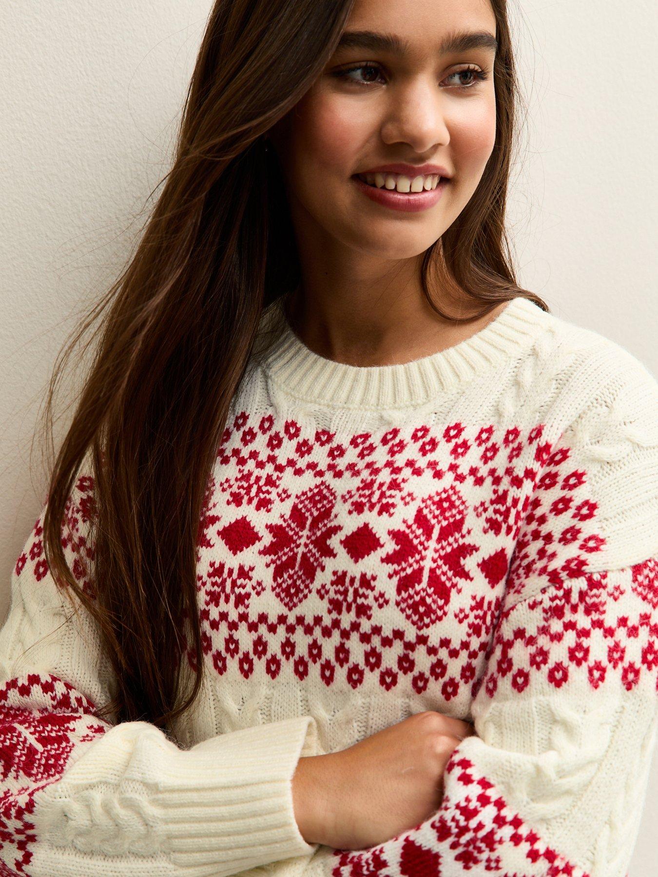  image of new-look-915-girls-cable-knit-fair-isle-pattern-christmas-jumper-off-white