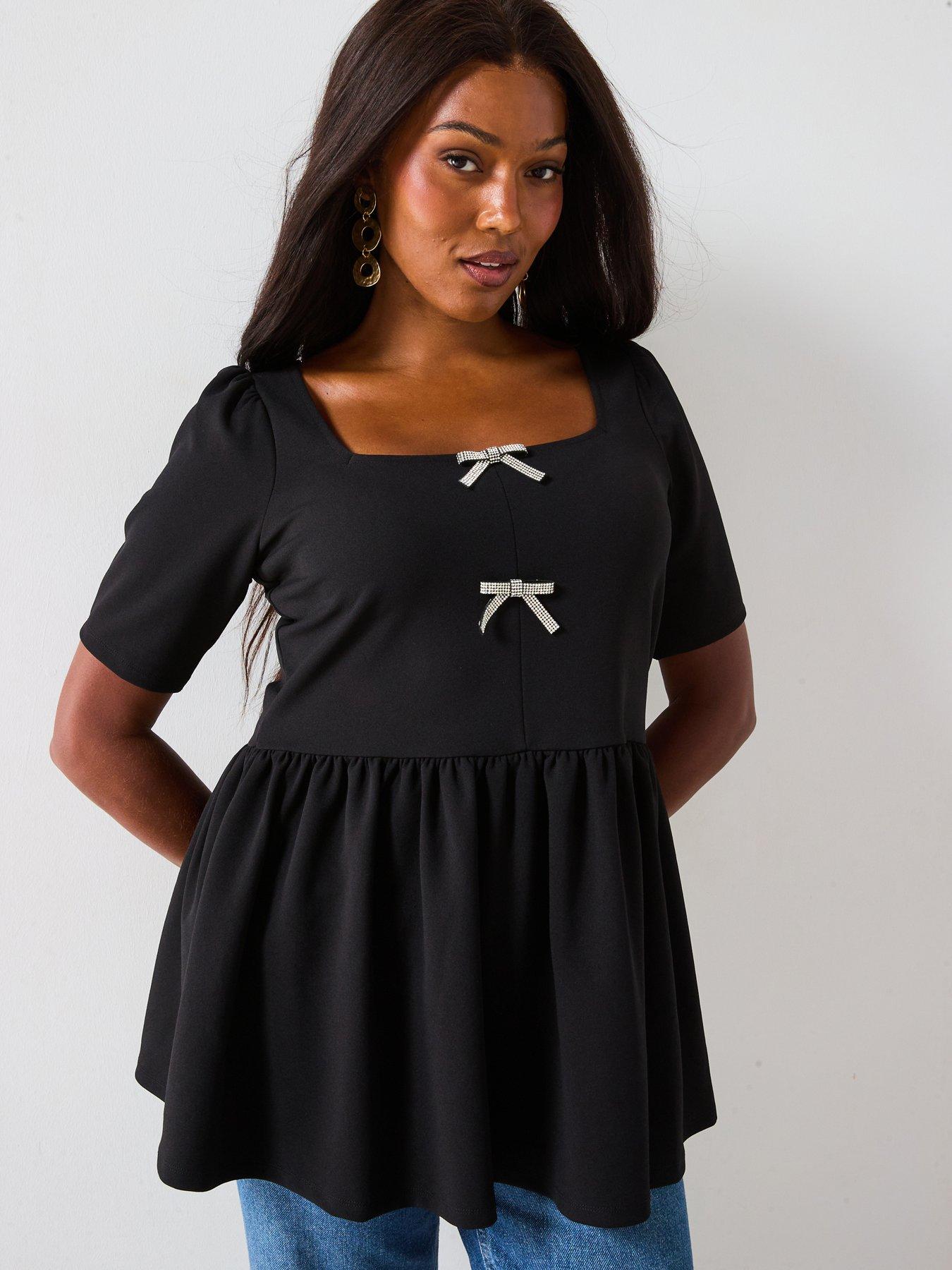 undefined Diamante Bow Peplum Top - Black
