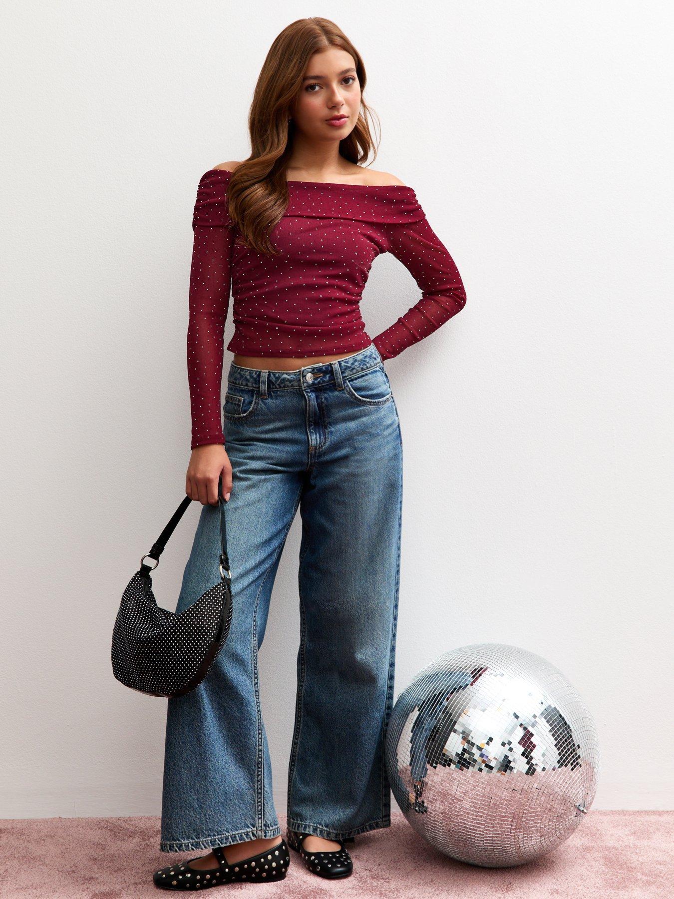  image of new-look-915-girls-burgundy-diamante-embellished-bardot-top