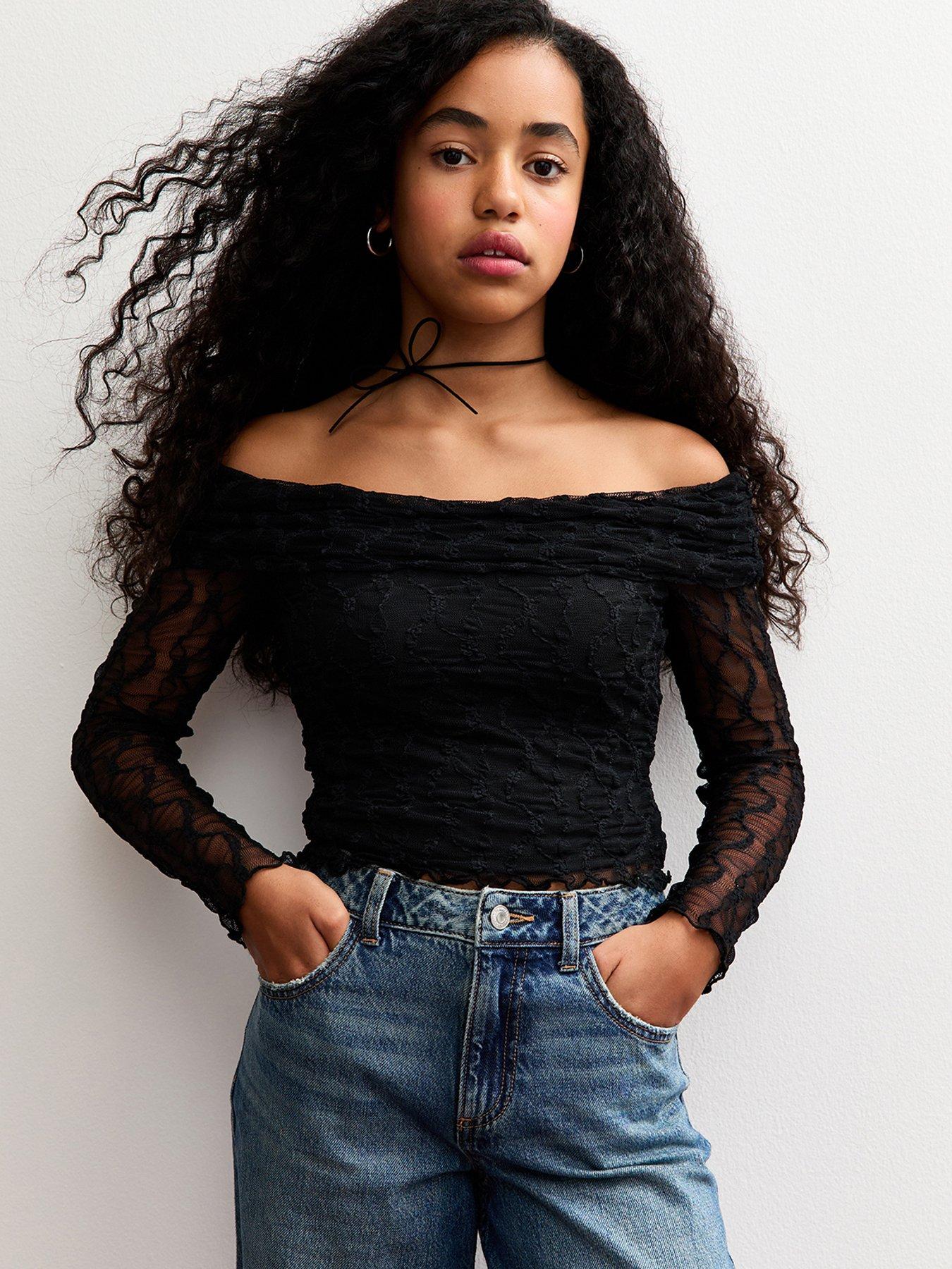 Image 1 of 5 of New Look 915 Girls Lace Long Sleeve Bardot Top - Black