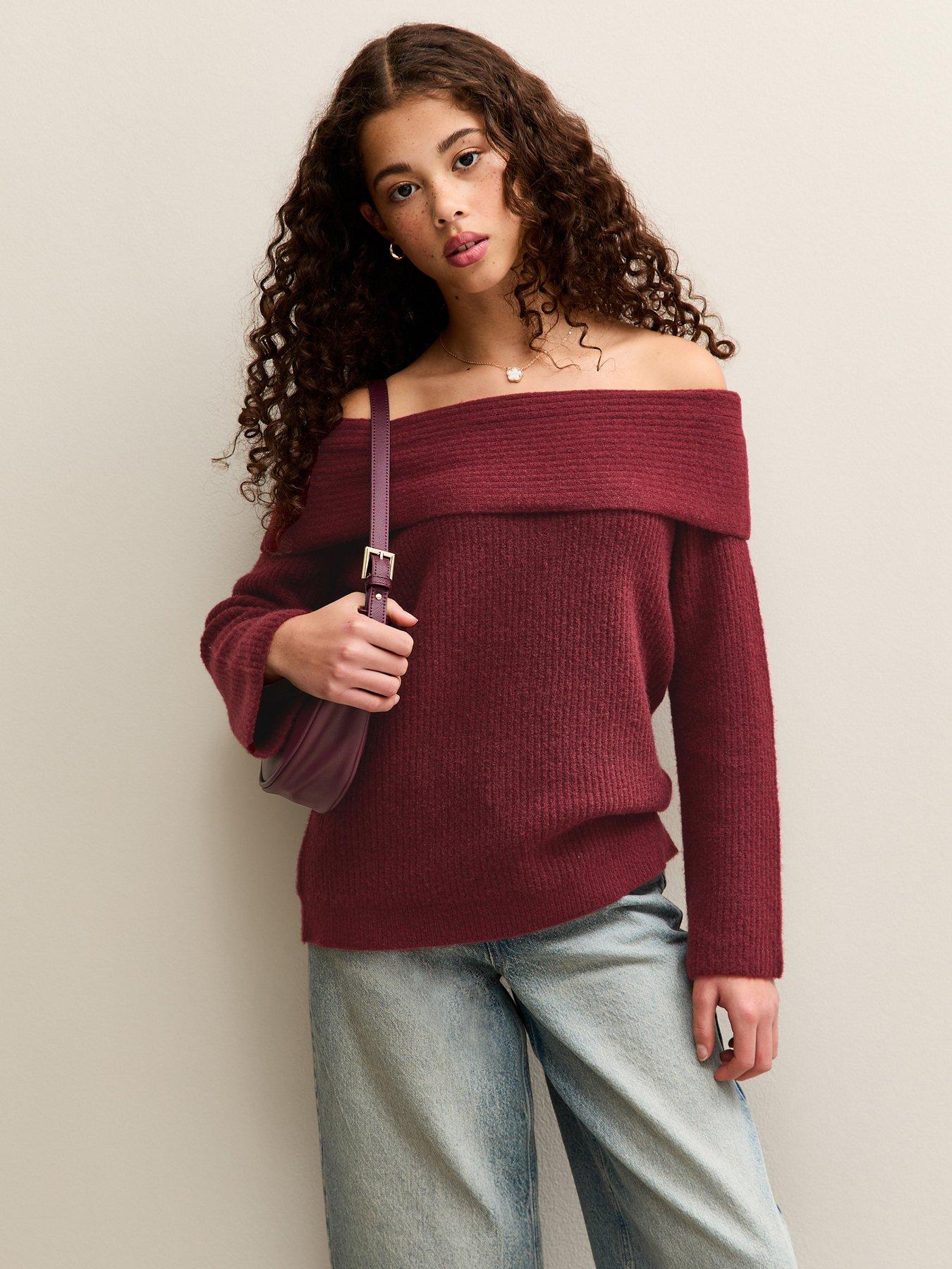  image of new-look-915-girls-off-the-shoulder-rib-jumper-dark-burgundy