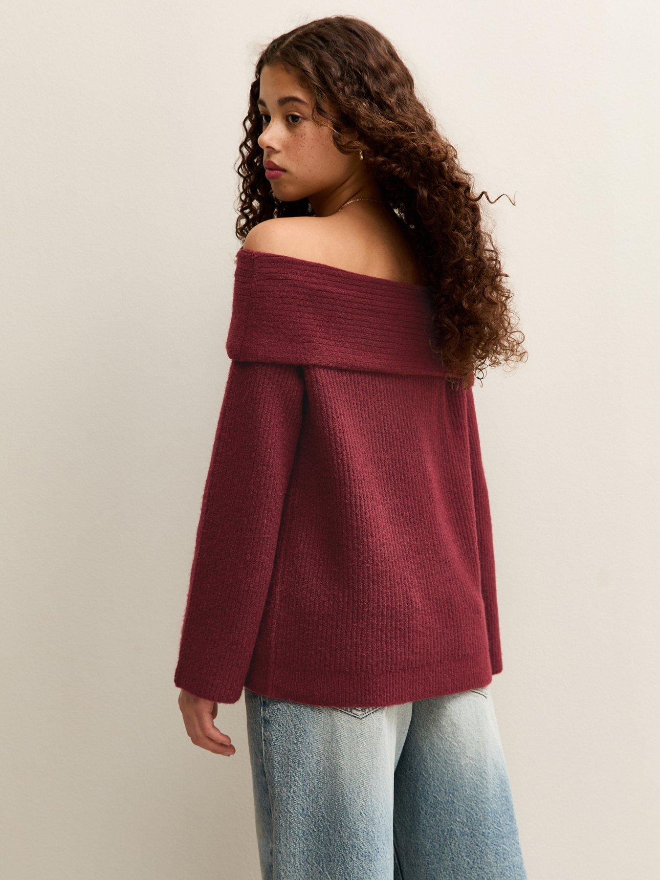  image of new-look-915-girls-off-the-shoulder-rib-jumper-dark-burgundy
