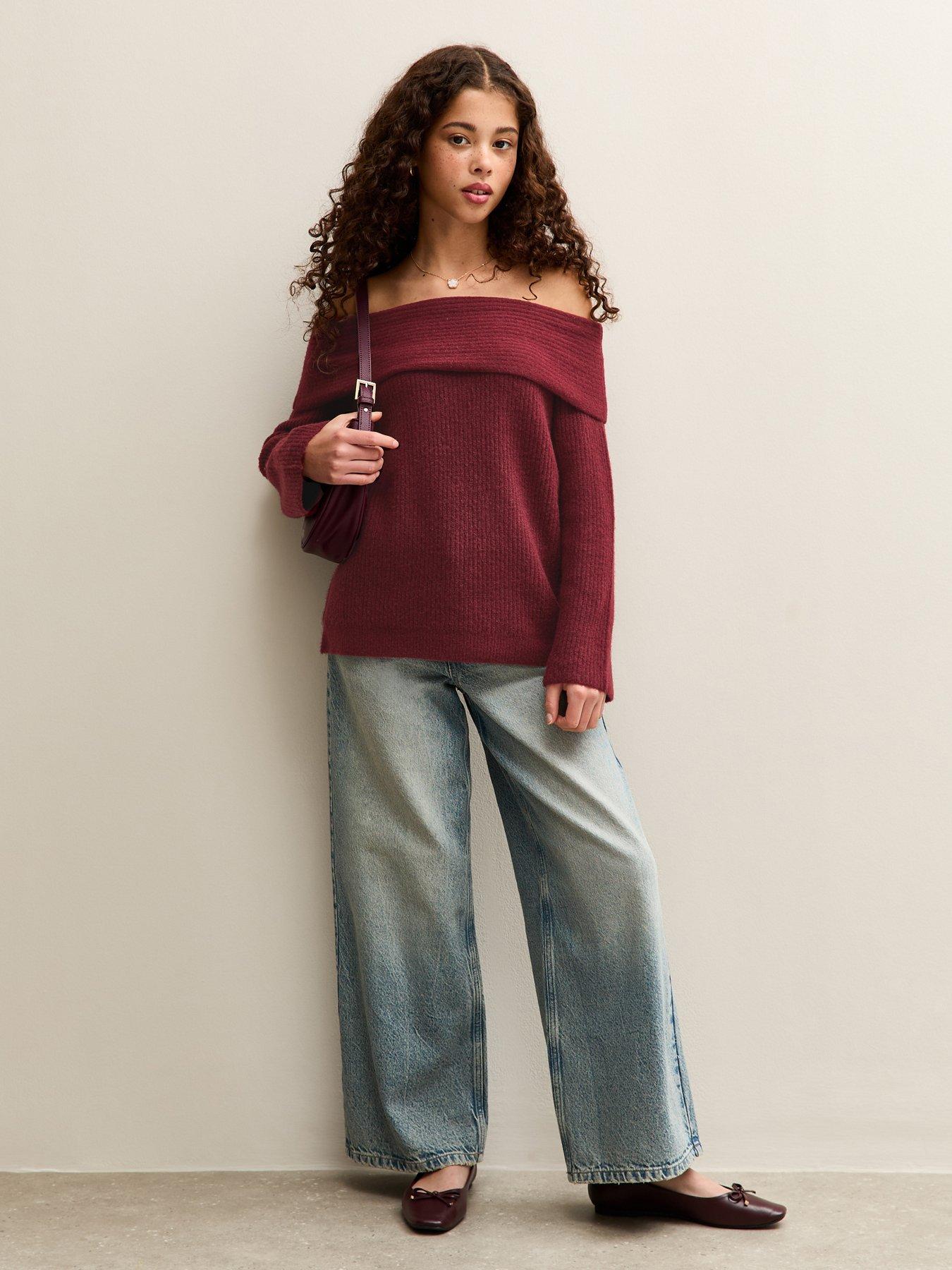  image of new-look-915-girls-off-the-shoulder-rib-jumper-dark-burgundy