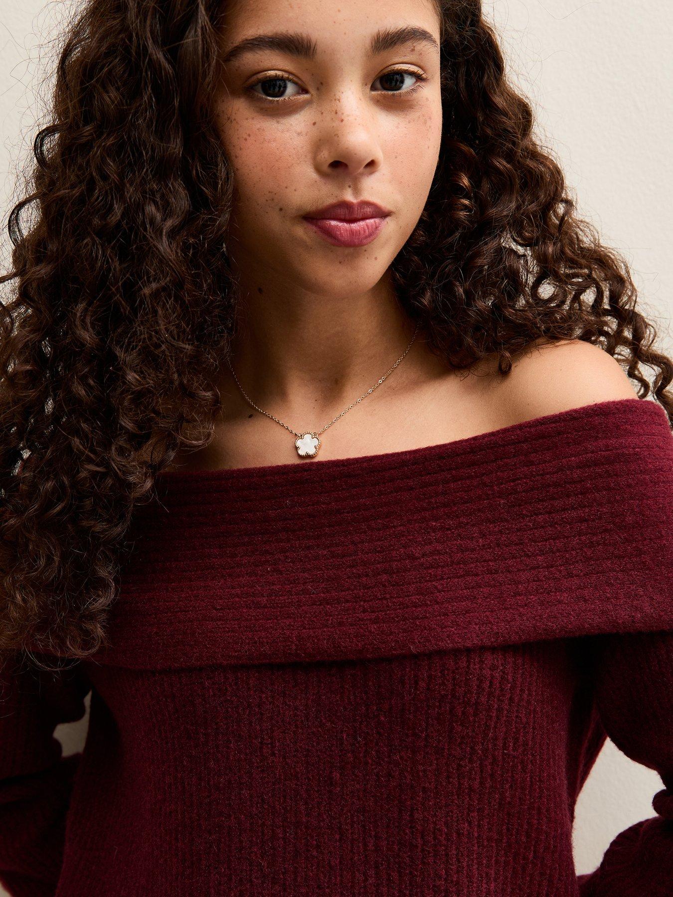  image of new-look-915-girls-off-the-shoulder-rib-jumper-dark-burgundy