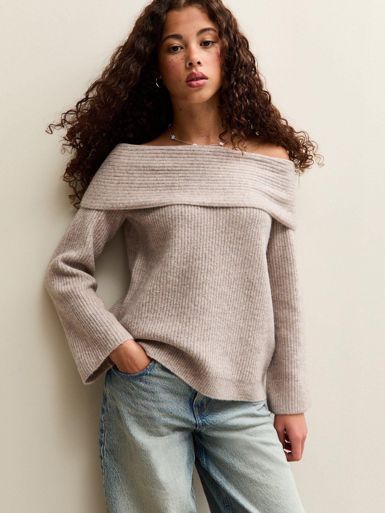 new-look-915-girls-off-the-shoulder-rib-jumper-oatmeal