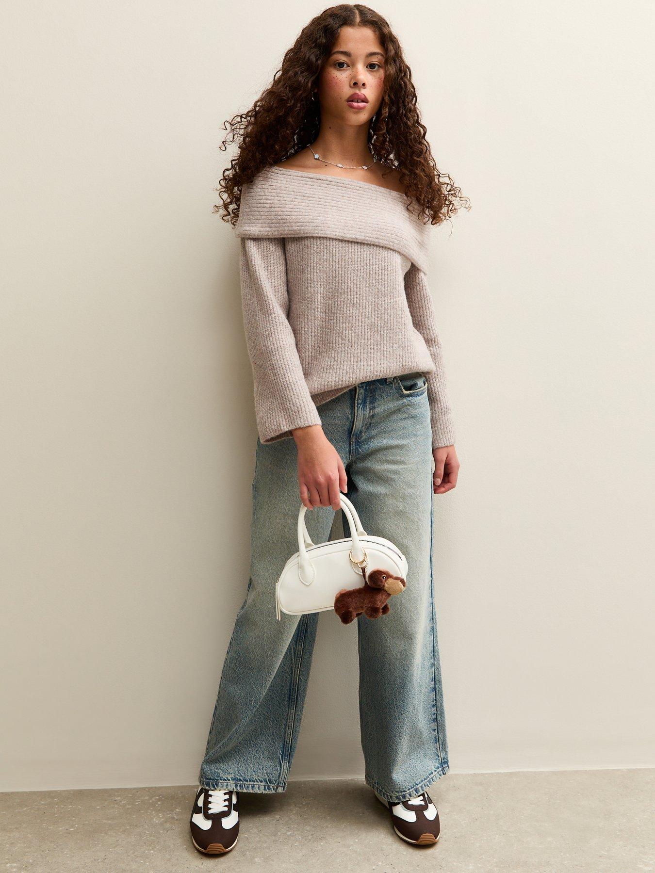  image of new-look-915-girls-off-the-shoulder-rib-jumper-oatmeal