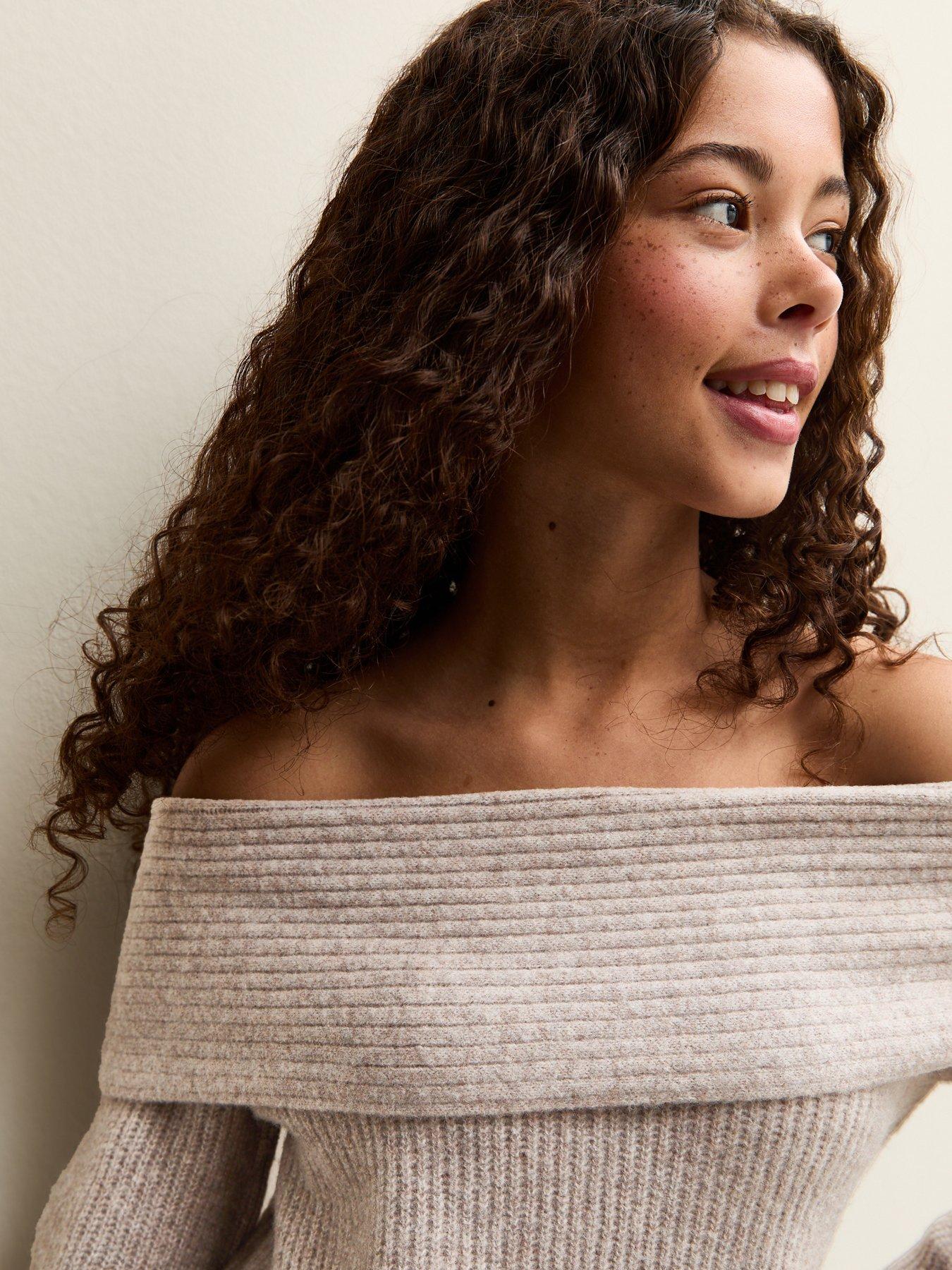 image of new-look-915-girls-off-the-shoulder-rib-jumper-oatmeal