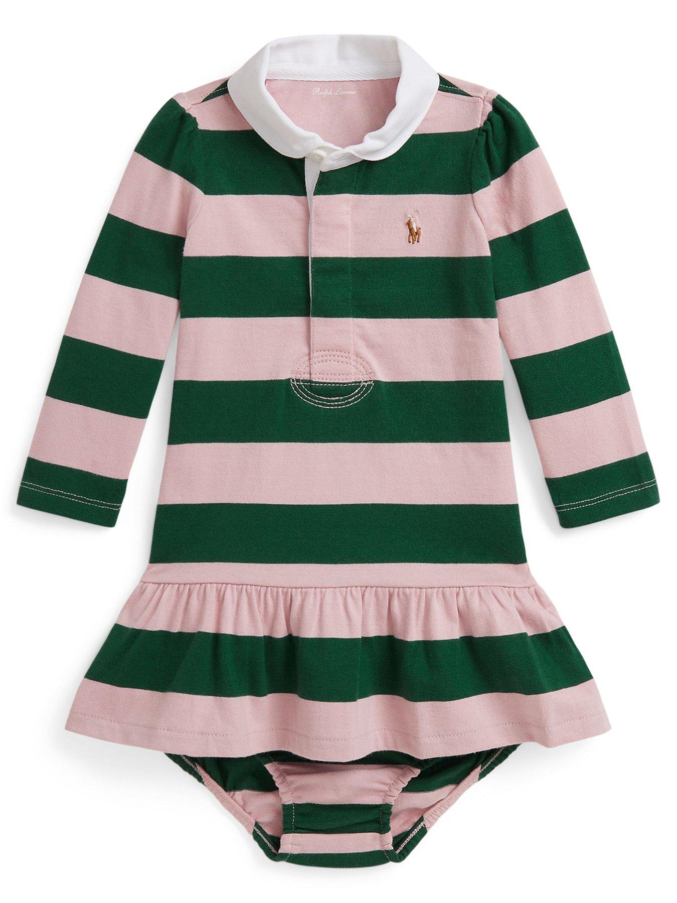 undefined Baby Girls Striped Long Sleeve Polo Dress - Pink/green