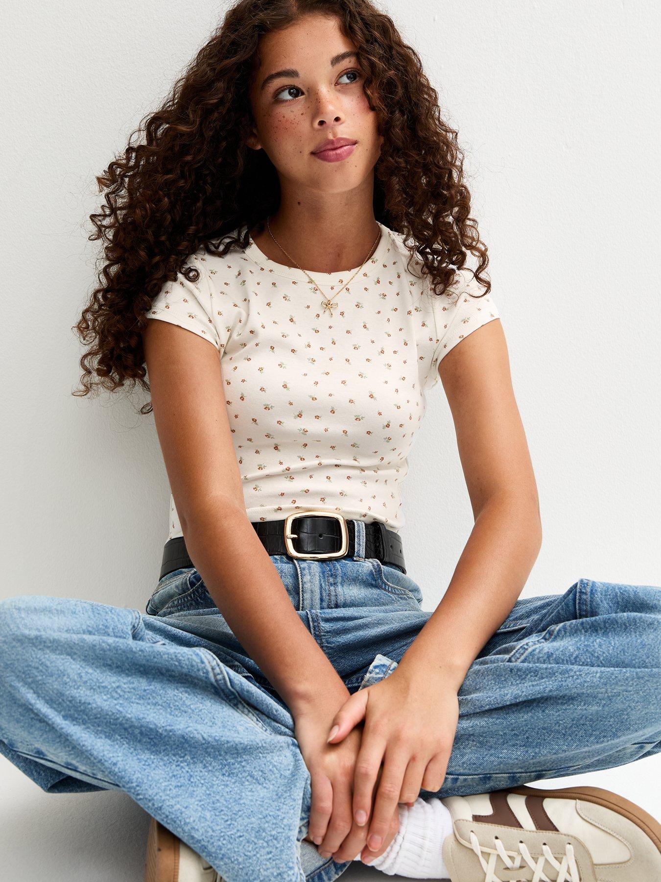undefined Girls White Ribbed Jersey Floral Print T-Shirt - White