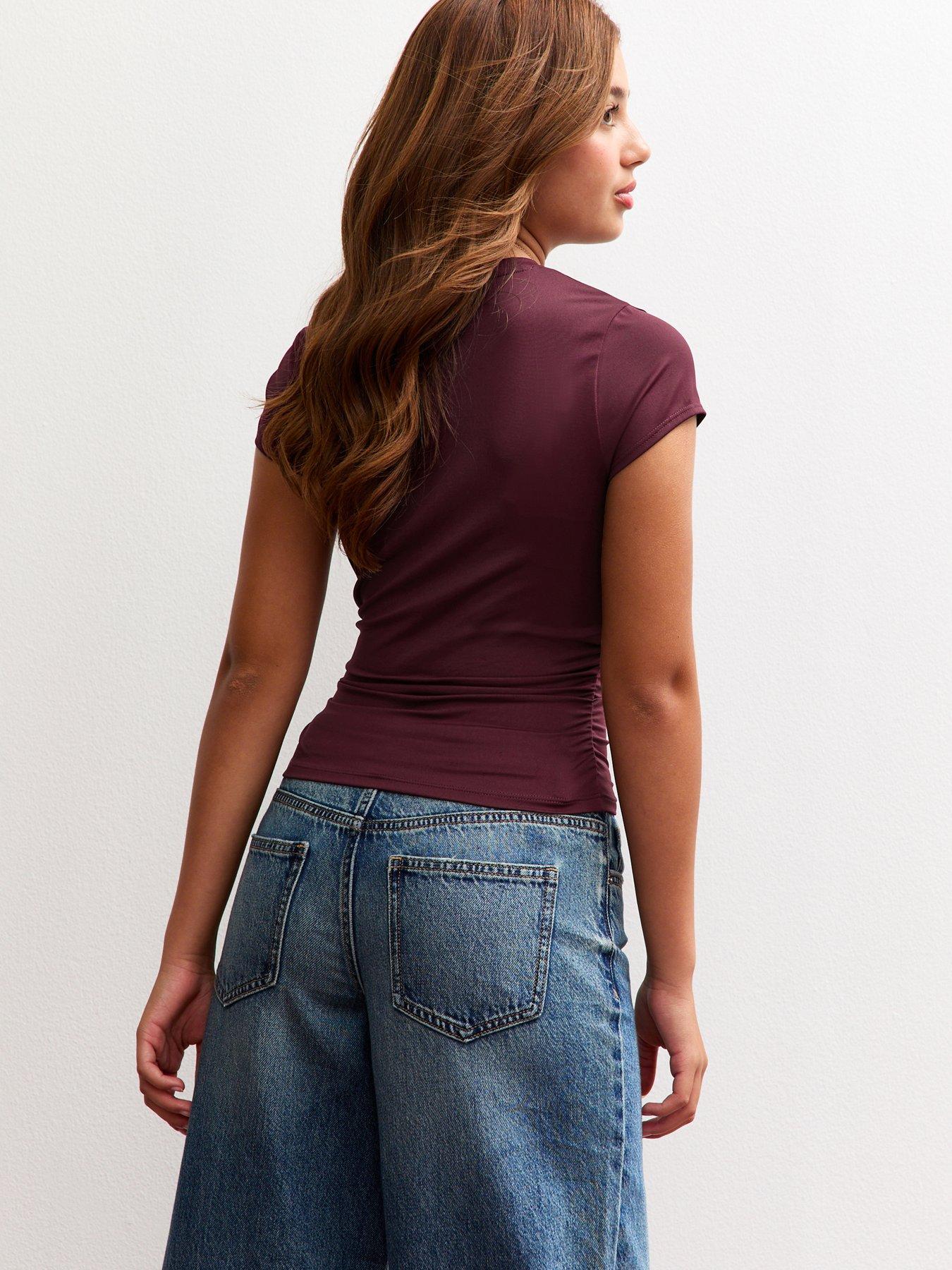 Image 2 of 4 of New Look 915 Girls Ruched Side Baby Tee T-Shirt - Dark Red