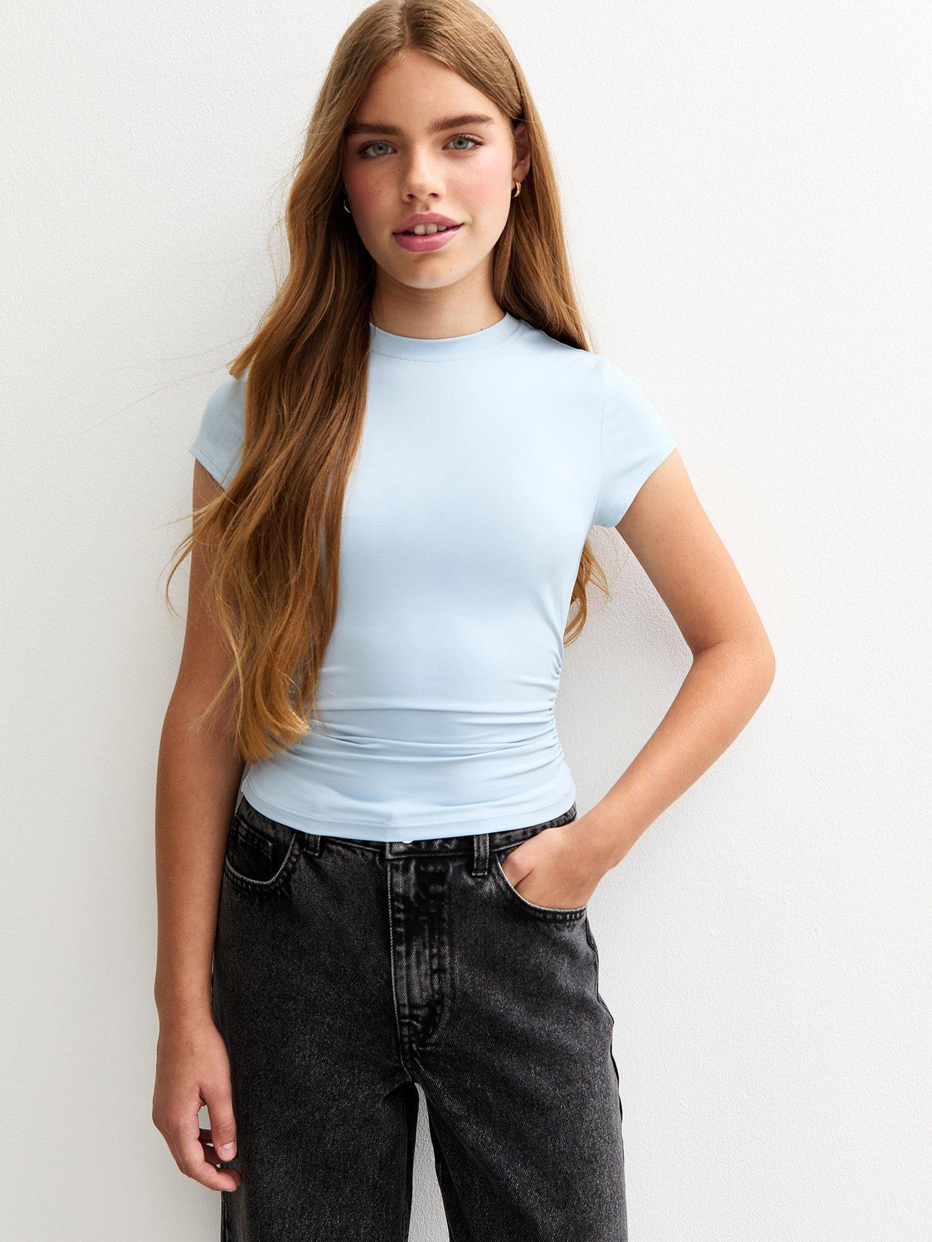 New Look 915 Girls Ruched Side Cap Sleeve T-Shirt - Light Blue