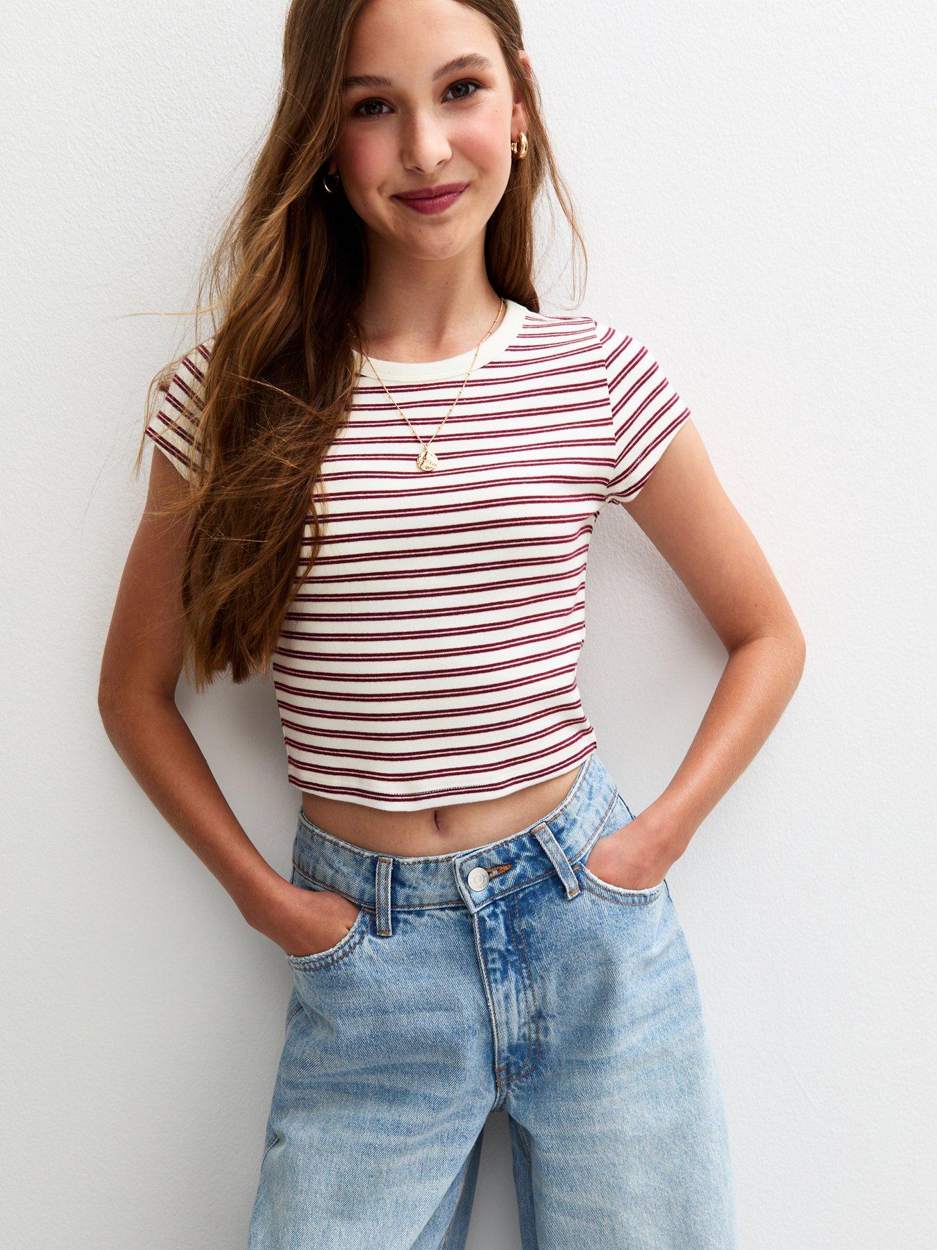 front image of new-look-915-girls-cream-stripe-cap-sleeve-baby-tee-t-shirt