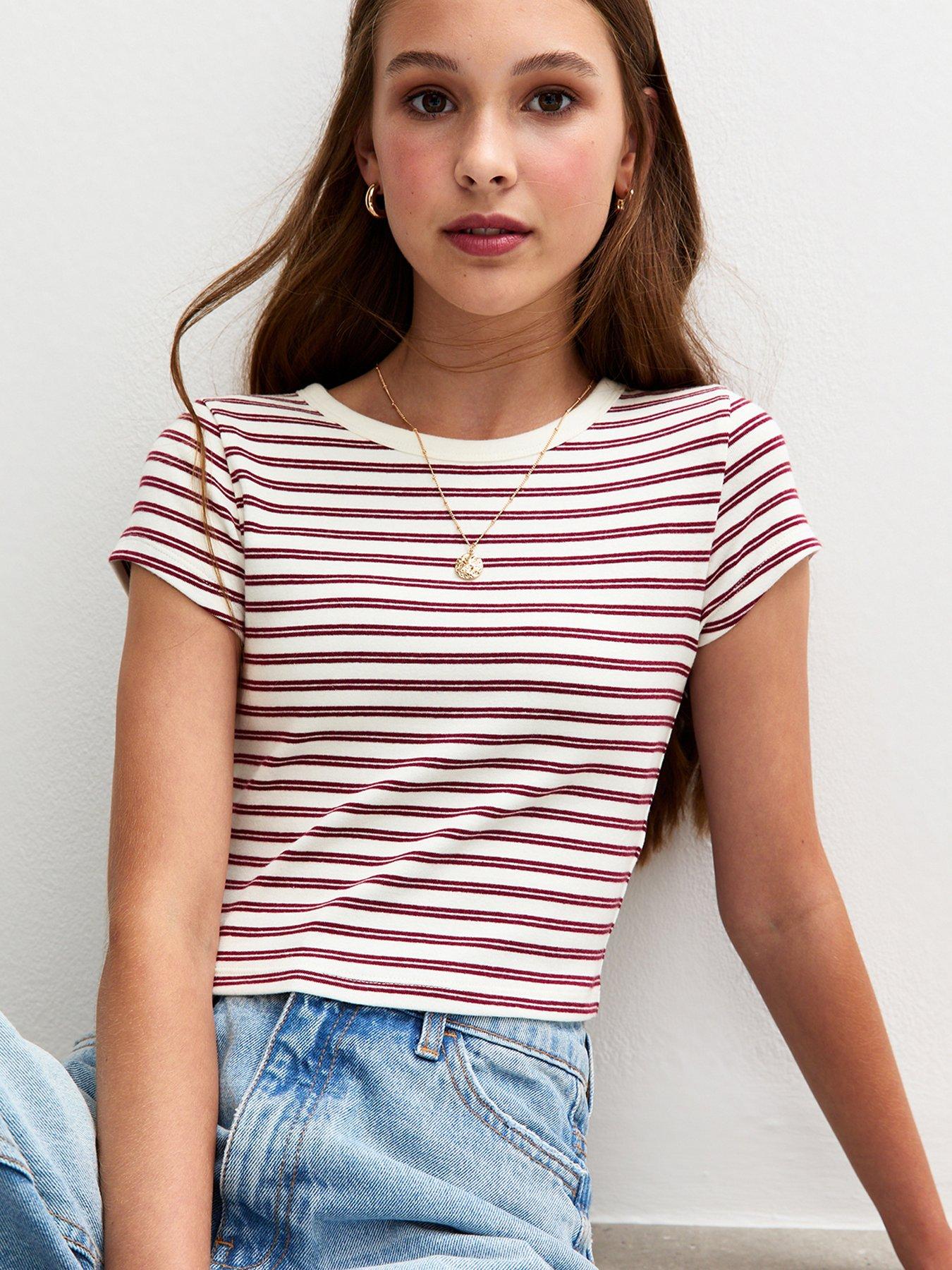  image of new-look-915-girls-cream-stripe-cap-sleeve-baby-tee-t-shirt