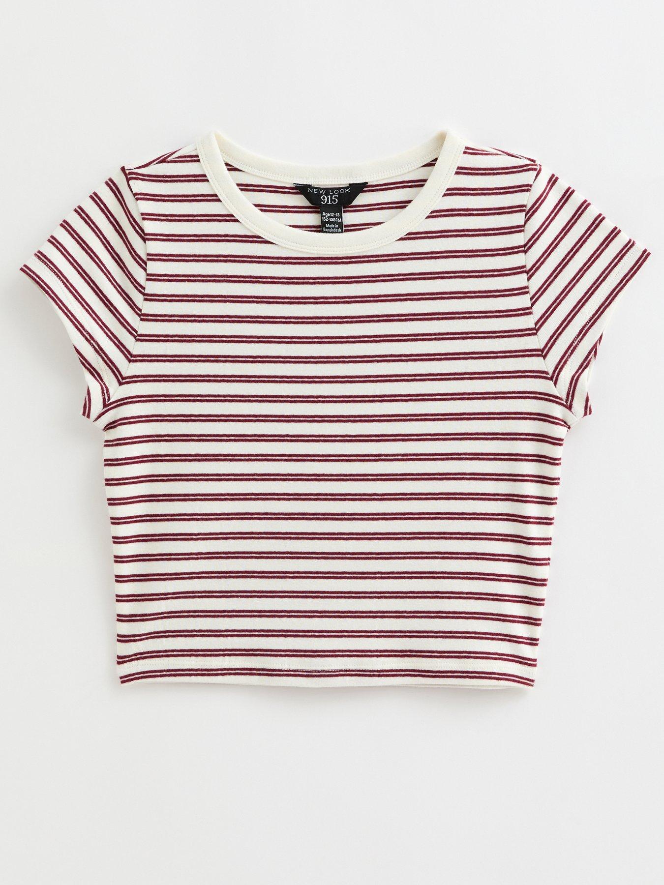  image of new-look-915-girls-cream-stripe-cap-sleeve-baby-tee-t-shirt