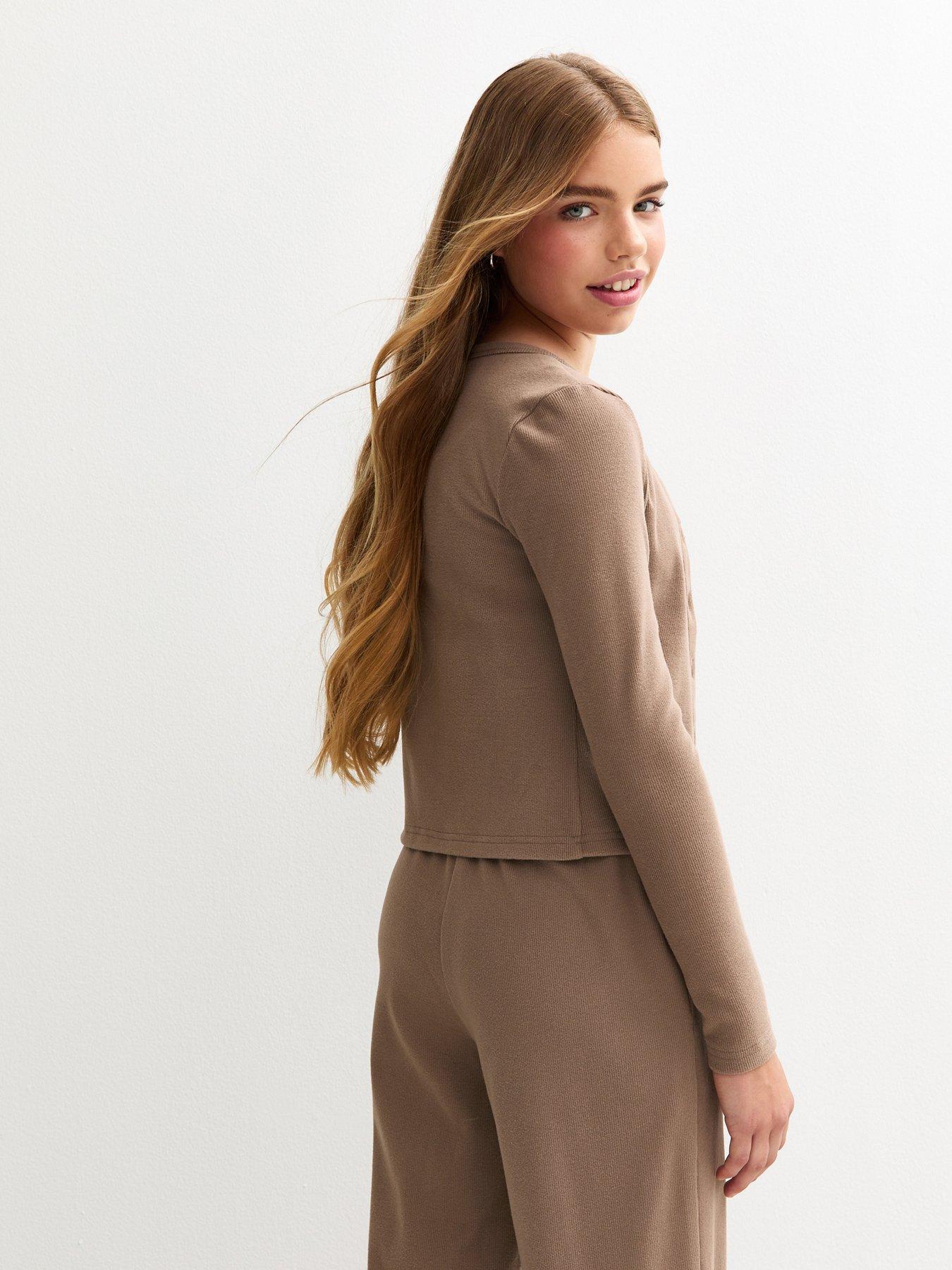 stillFront image of new-look-915-girls-stone-soft-touch-tank-top-and-cardigan-set-beige