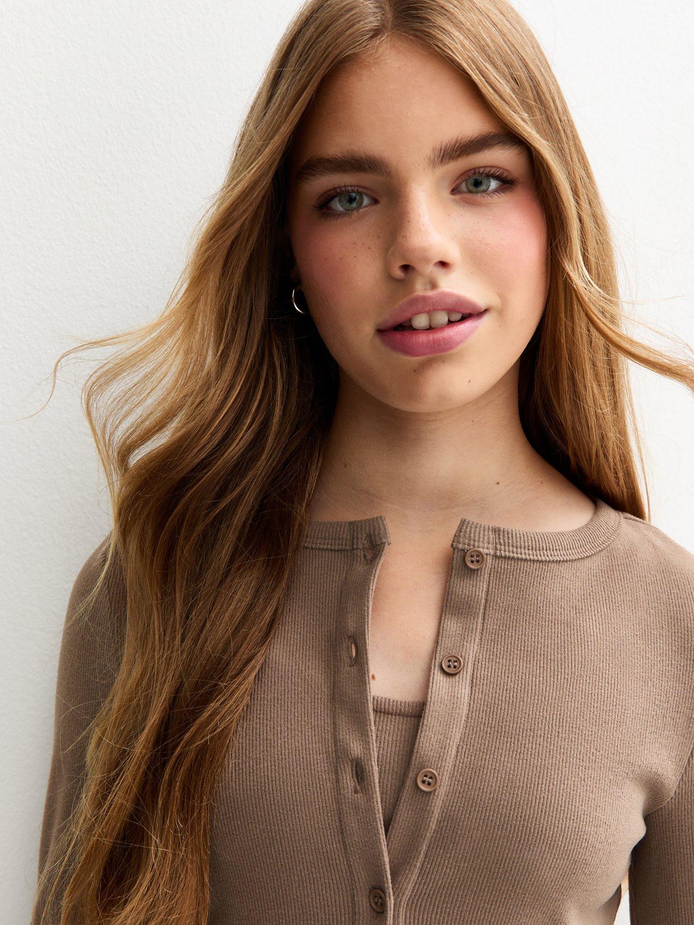  image of new-look-915-girls-stone-soft-touch-tank-top-and-cardigan-set-beige